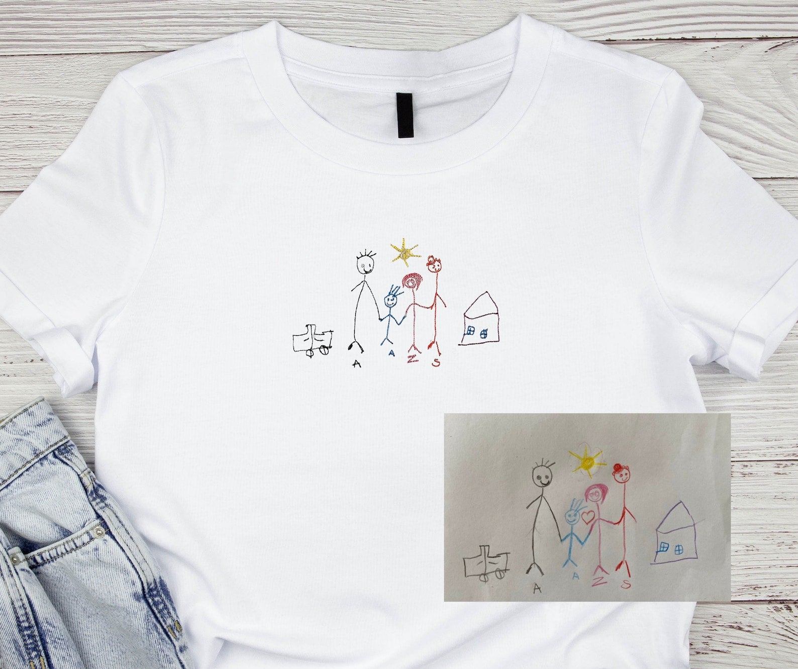 Custom Embroidered Kids Drawing Artwork Sweatshirt, Hoodie, Custom Kids Photo Drawing, Personalized Unique Gift for Moms, Dads, Grandparents