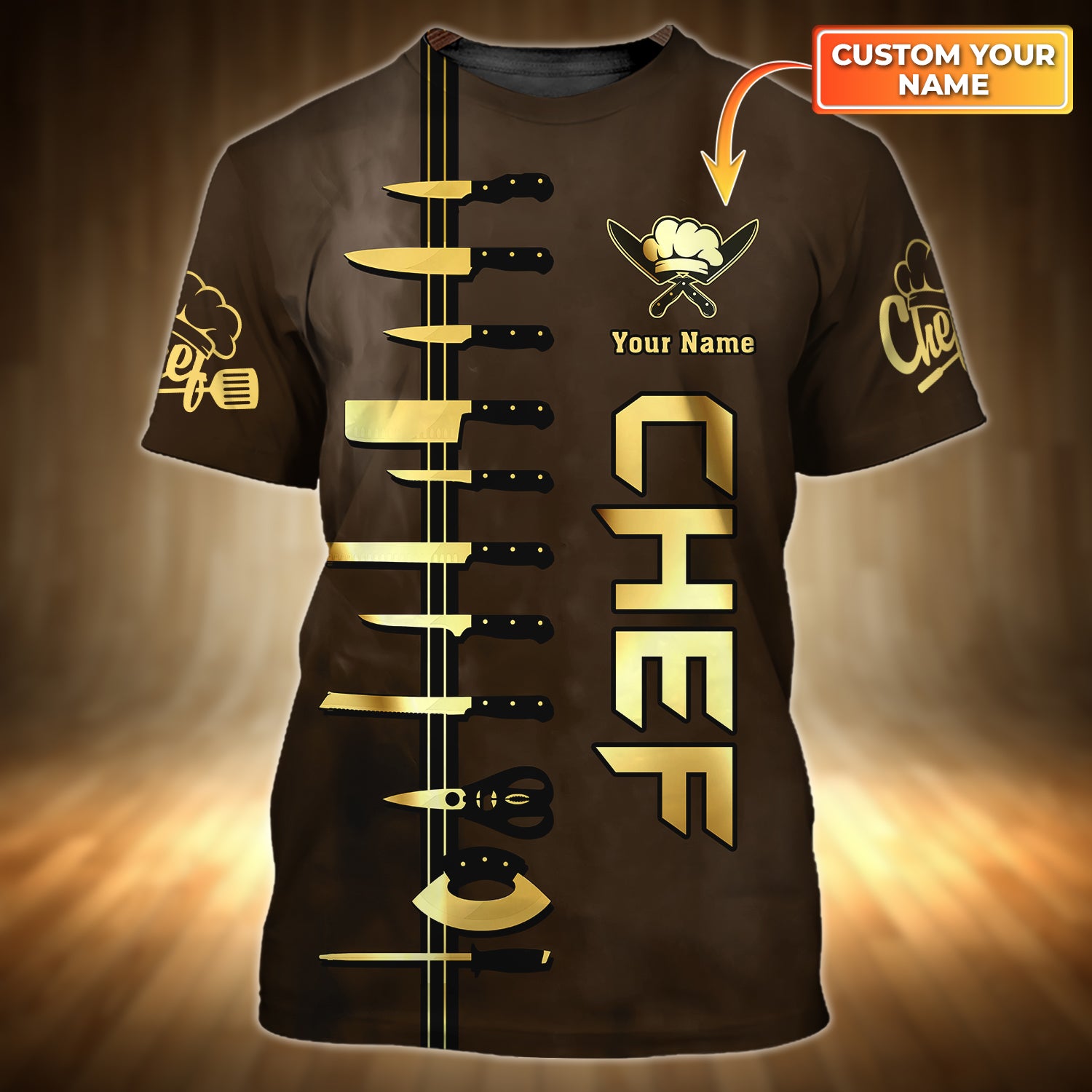 CHEF - Personalized Name 3D Tshirt 27 - RINC98 (Brown & Gold)