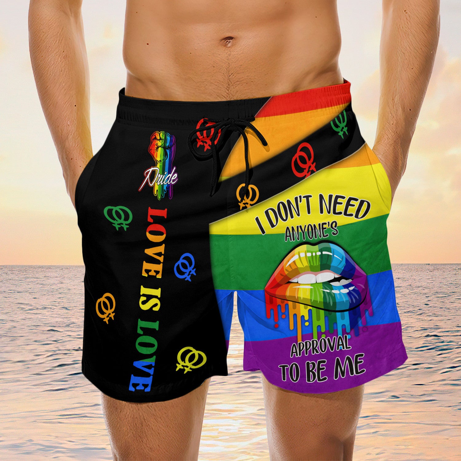 Rainbow Pride Board Shorts, Gay Beach Shorts, Men's Swim Shorts