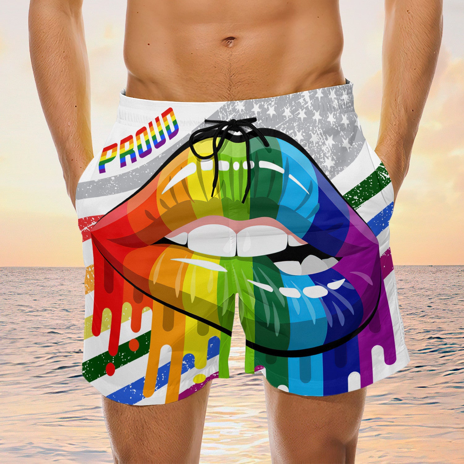 Lesbian Rainbow Lips Pride Swim Trunks, Gay Beach Shorts, Men's Swim Shorts