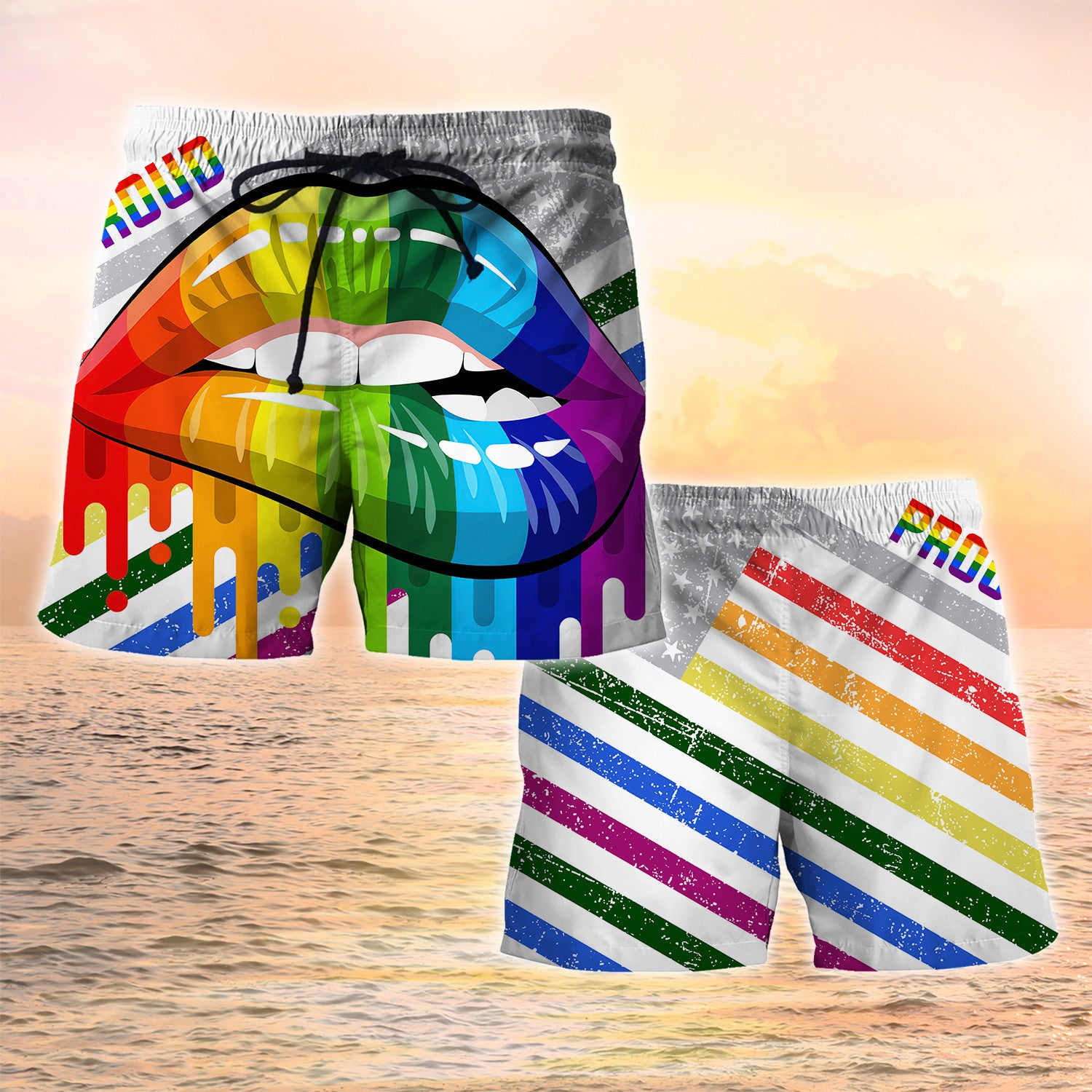 Lesbian Rainbow Lips Pride Swim Trunks, Gay Beach Shorts, Men's Swim Shorts