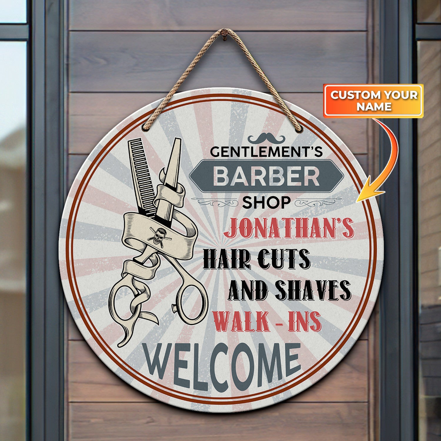 Welcome To Our Barber Shop Round Wood Sign Personalized Door Hanger Hair Cuts Wood Sign