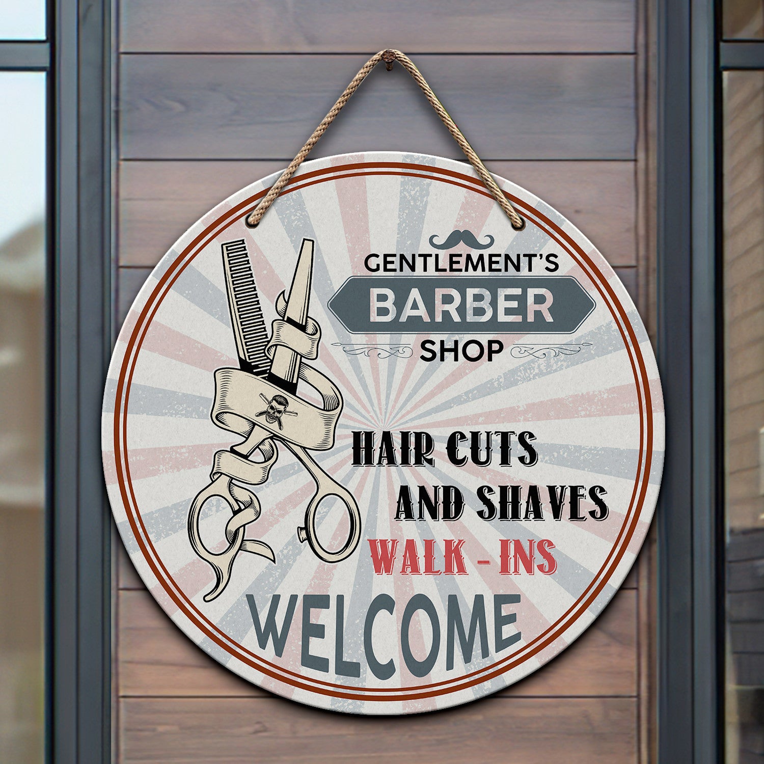 Welcome To Our Barber Shop Round Wood Sign Personalized Door Hanger Hair Cuts Wood Sign