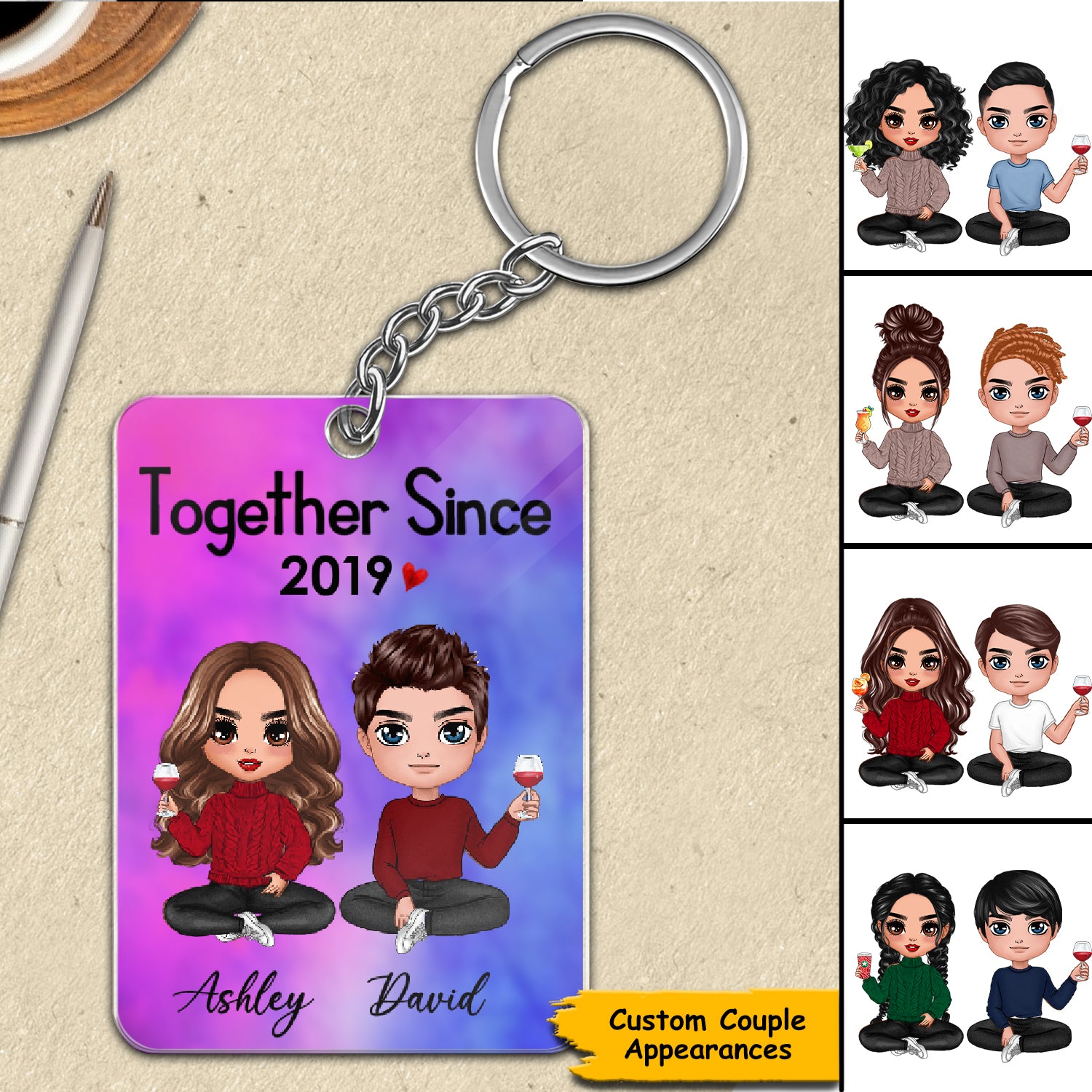 Doll Couple Sitting Gift For Him For Her Personalized Keychain ( Galaxy ver. )