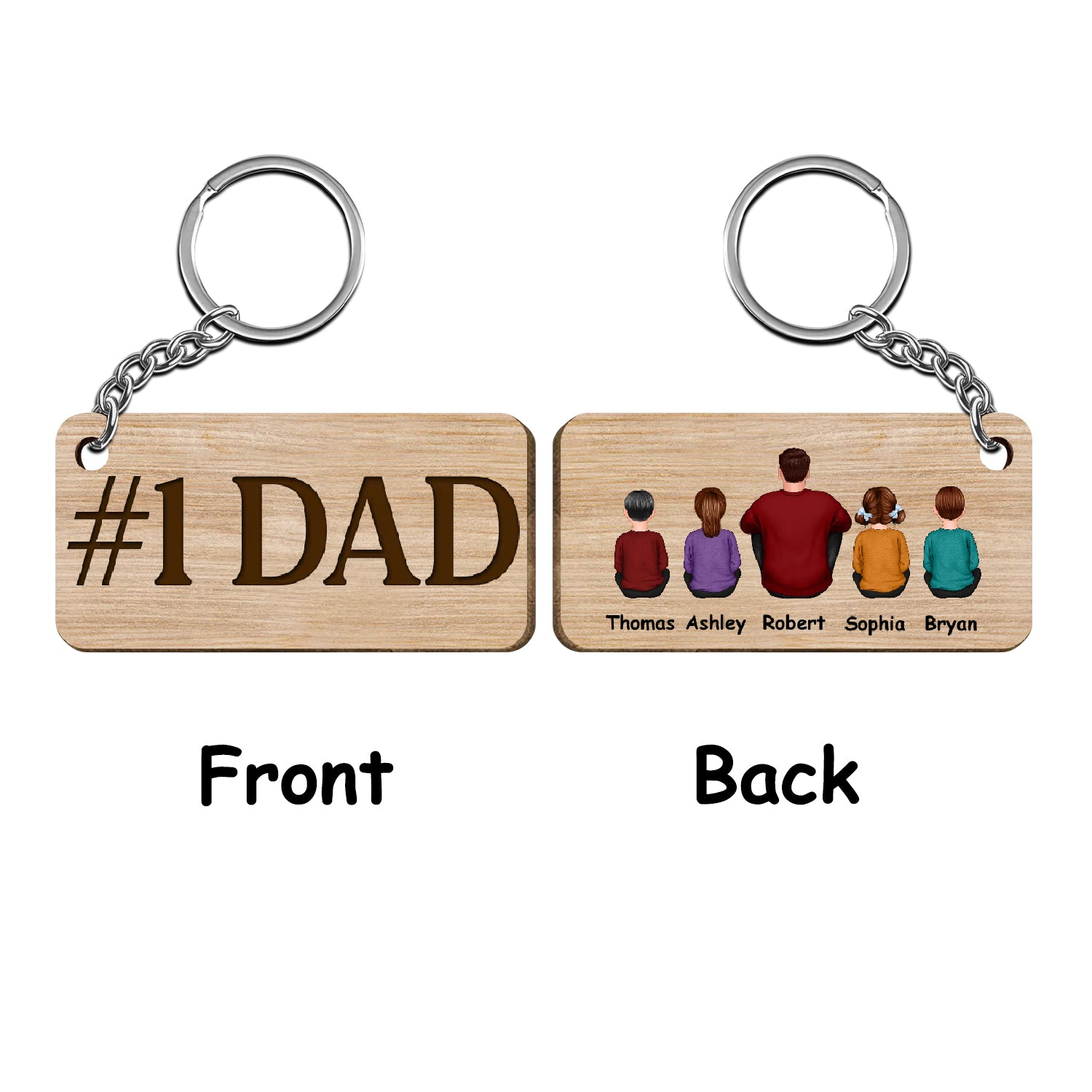 Best Dad Ever Back View Man Kids Dog Cat Personalized Wooden Keychain