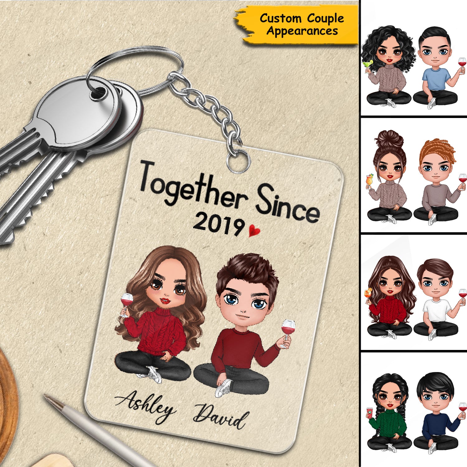 Doll Couple Sitting Gift For Him For Her Personalized Keychain
