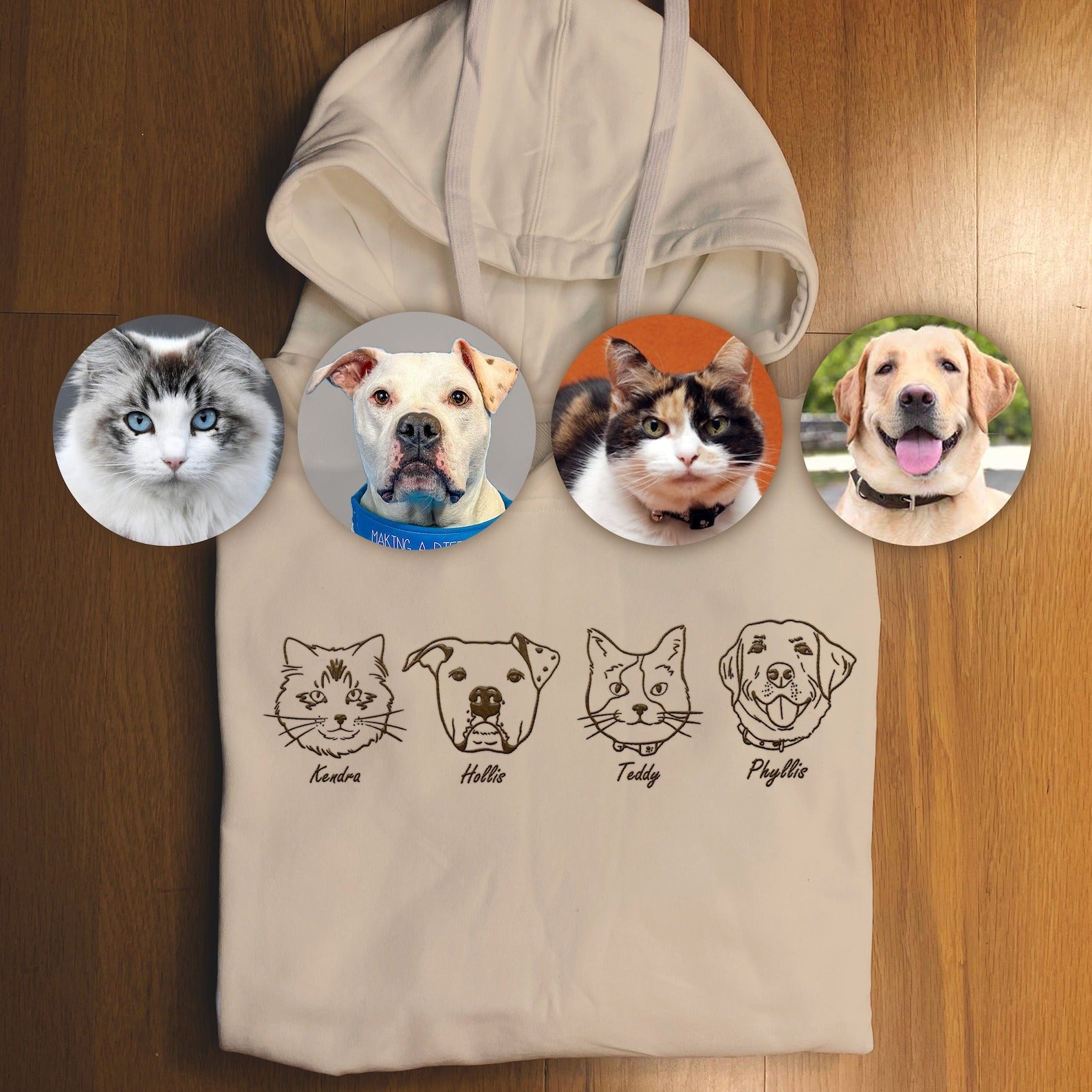 Custom Portrait from Photo Embroidered Sweatshirt, Embroidered Hoodie, Embroidered Tshirt for Dog Mom Dog Dad, Cat Photo Pullover Hooded Sweater, Sketch from Photo Embroidered Shirts, Gift for Pet Owner