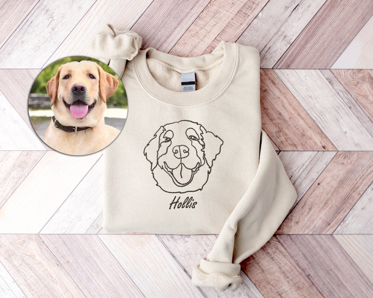 Custom Portrait from Photo Embroidered Sweatshirt, Embroidered Hoodie, Embroidered Tshirt for Dog Mom Dog Dad, Cat Photo Pullover Hooded Sweater, One-line from Photo Embroidered Shirts, Gift for Pet Owner