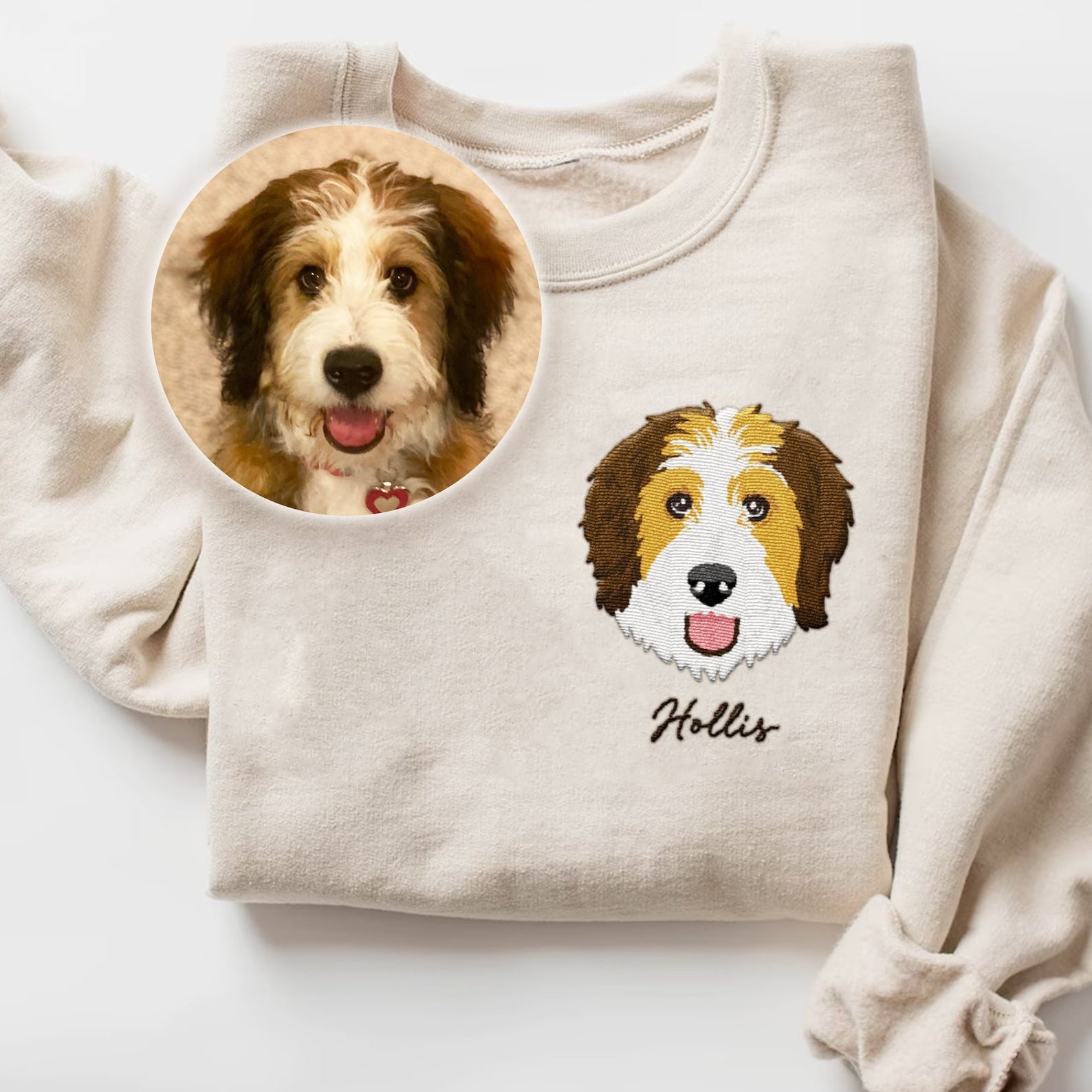Custom Portrait from Photo Embroidered Sweatshirt, Embroidered Hoodie, Embroidered Tshirt for Dog Mom Dog Dad, Cat Photo Pullover Hooded Sweater, Gift for Pet Owner