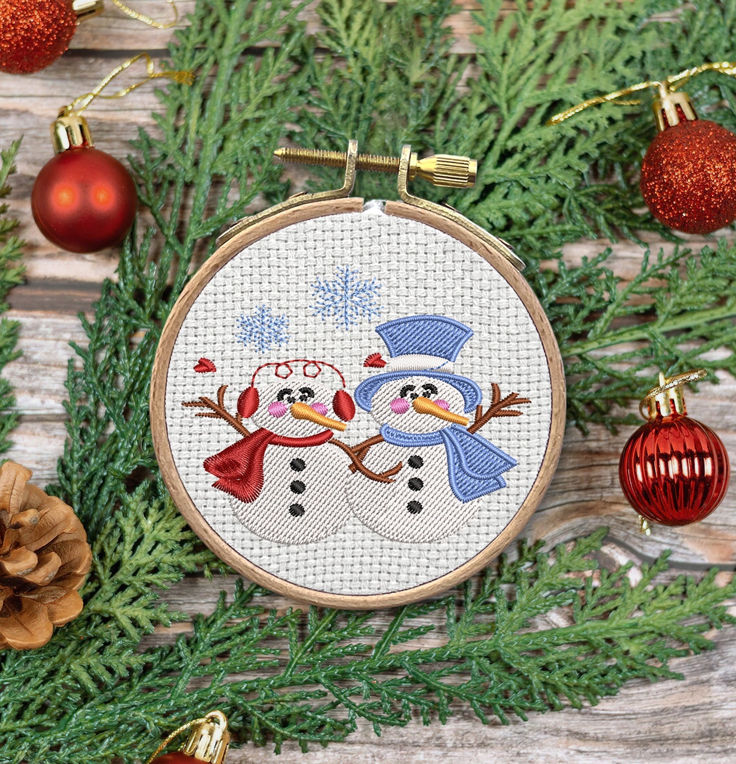 Snowman And Snowwoman Embroidered Christmas Ornaments