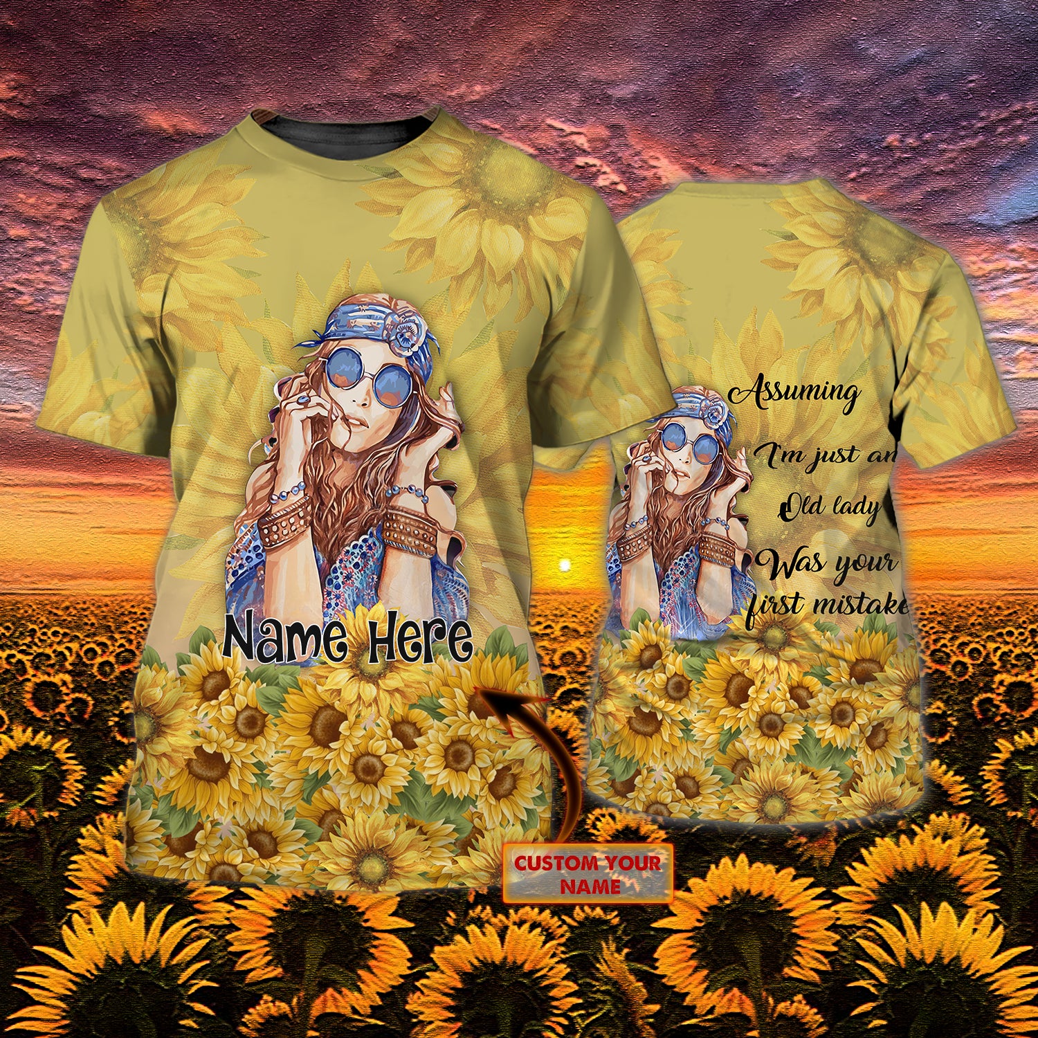 Hippie Old Lady - Personalized Name 3D Tshirt - QB95