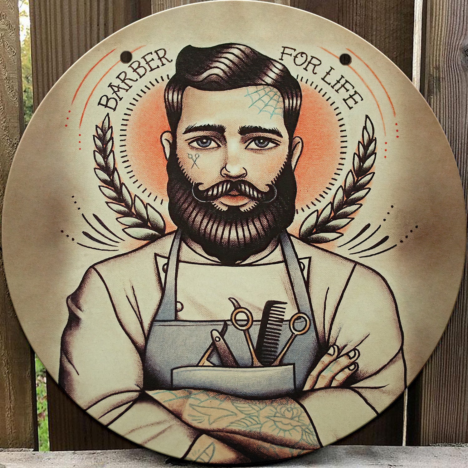 Barber For Life Tattoo Art Print Wooden Sign
