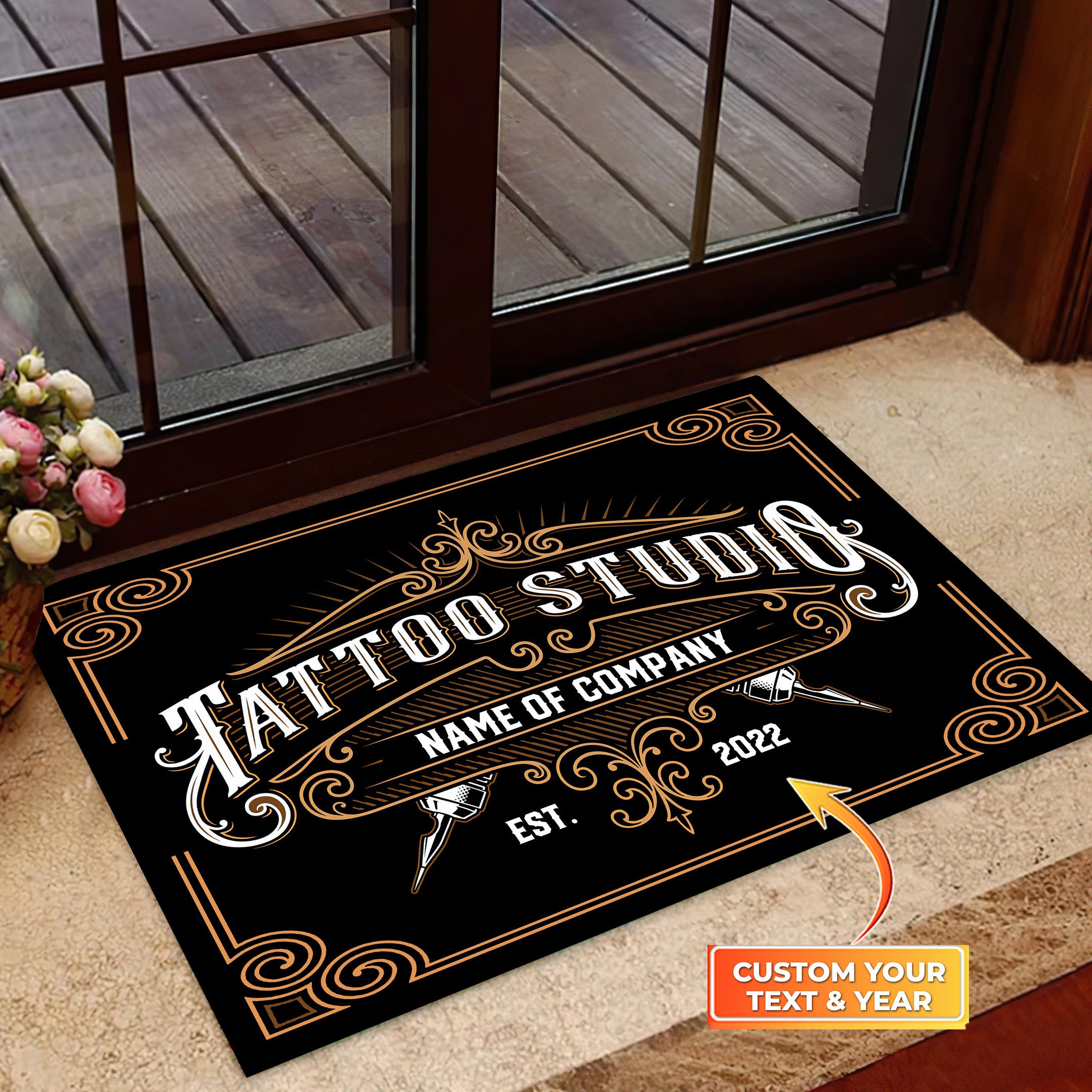 Tattoo Studio Doormat, Custom Tattoo Parlor Name & Year Door Rug