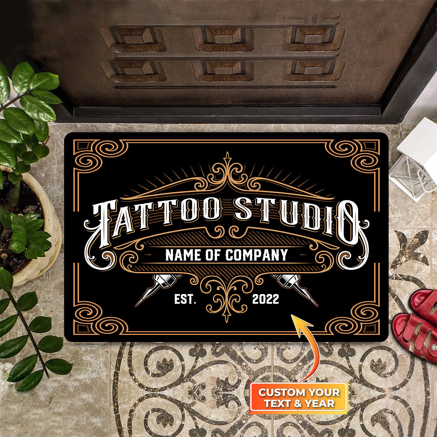 Tattoo Studio Doormat, Custom Tattoo Parlor Name & Year Door Rug