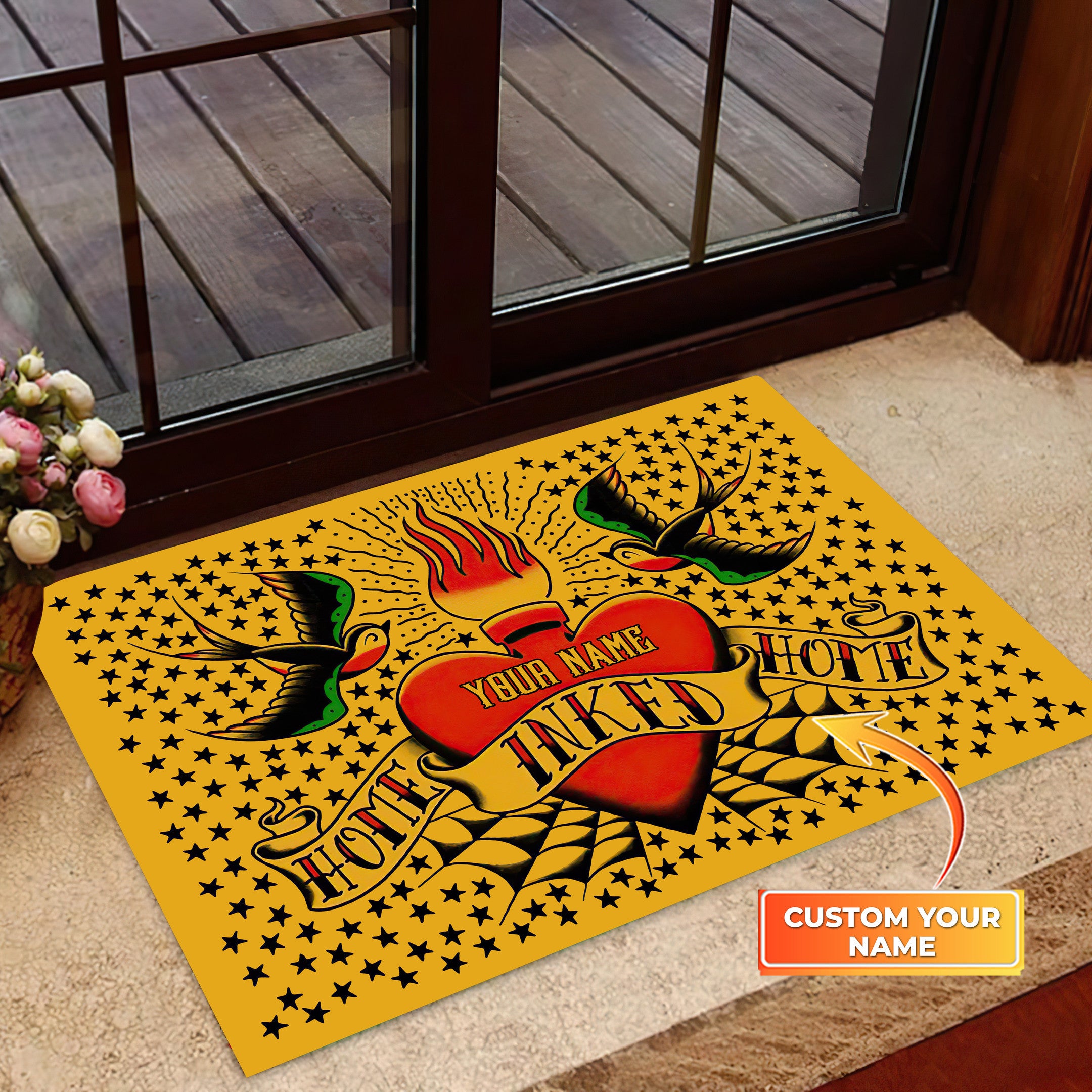 Tattoo Swallows and Burning Heart, Oldschool Heart Birds Flames Doormat Doormat