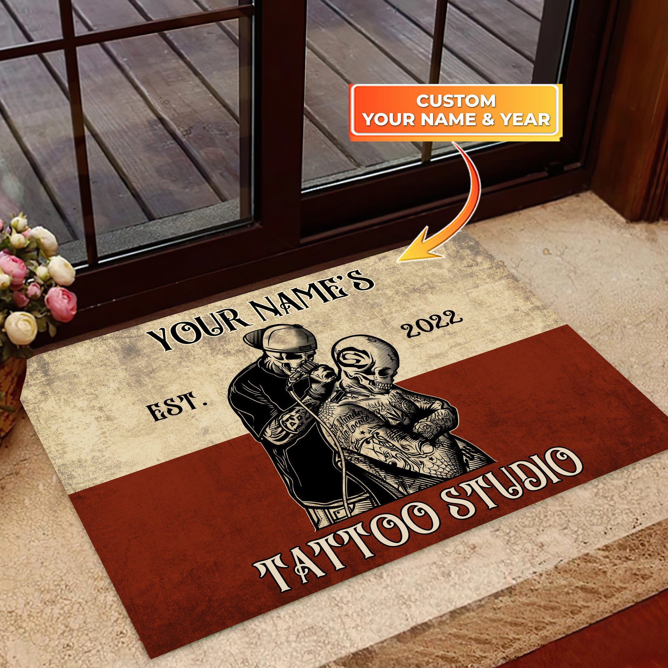 Tattoo Studio Doormat, Custom Tattoo Parlor Name & Year Door Rug