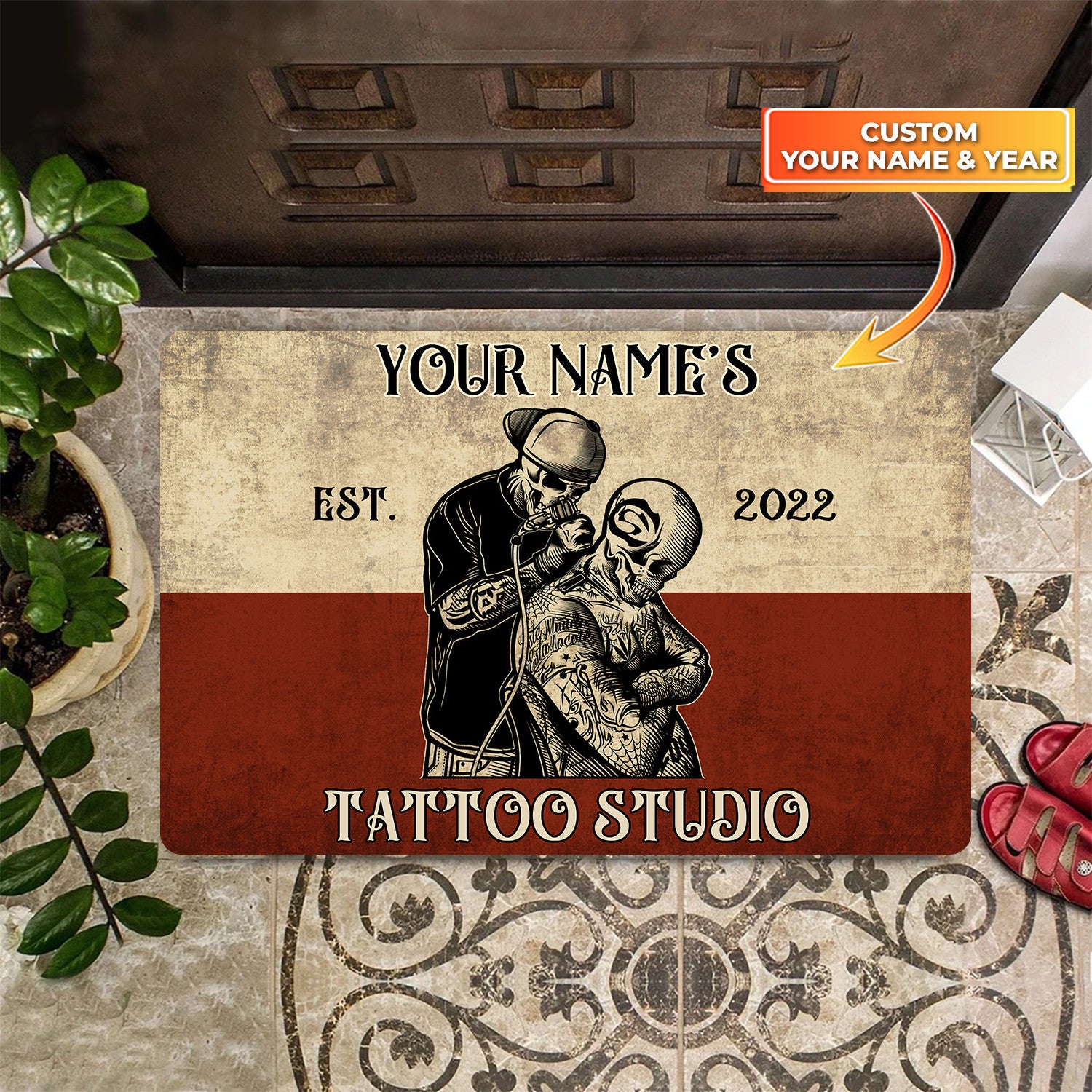 Tattoo Studio Doormat, Custom Tattoo Parlor Name & Year Door Rug