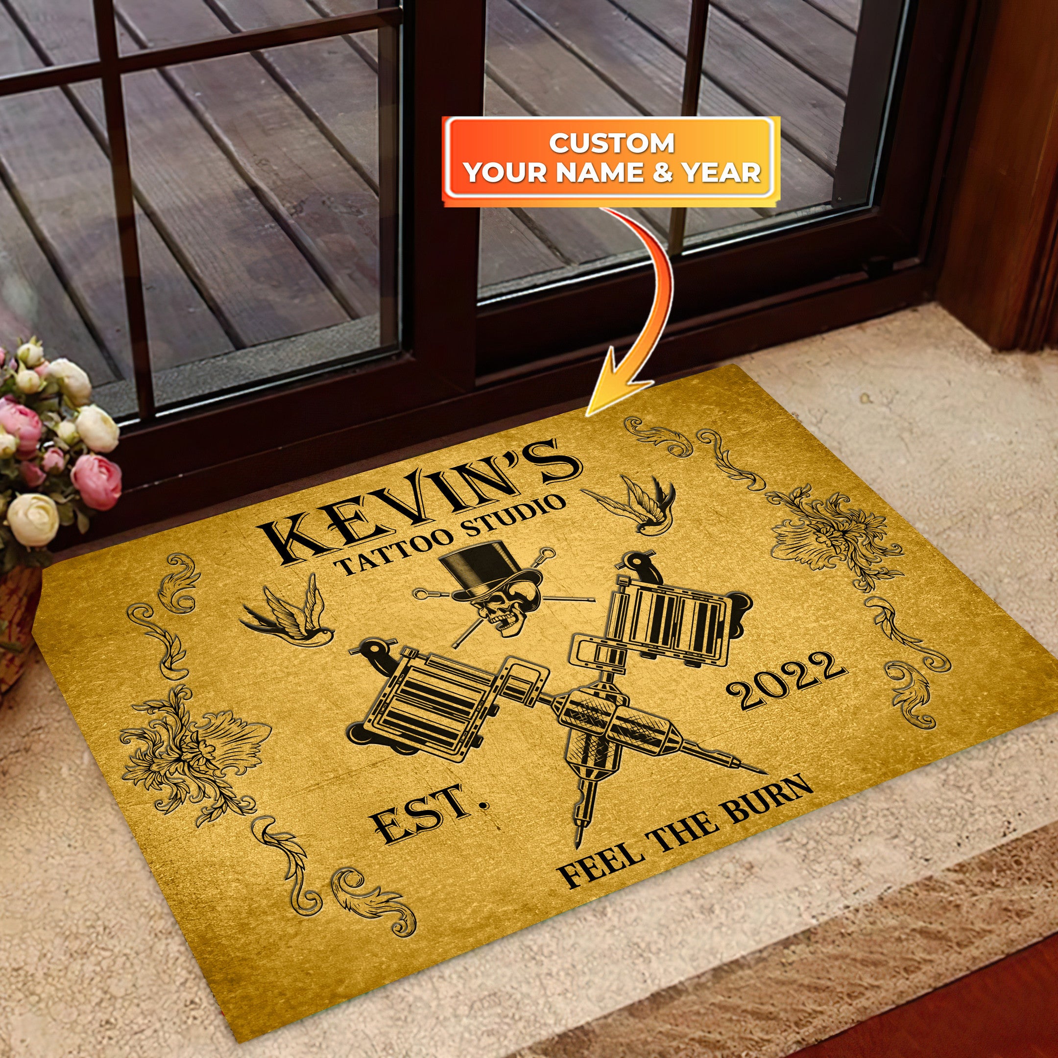 Vintage Kelvin Tattoo Studio EST 2020 Feel The Burn, Custom Tattoo Parlor Name & Year Doormat