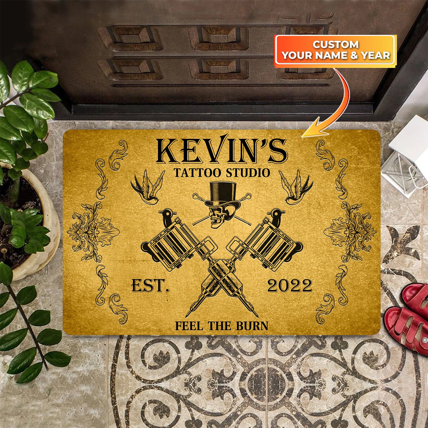 Vintage Kelvin Tattoo Studio EST 2020 Feel The Burn, Custom Tattoo Parlor Name & Year Doormat