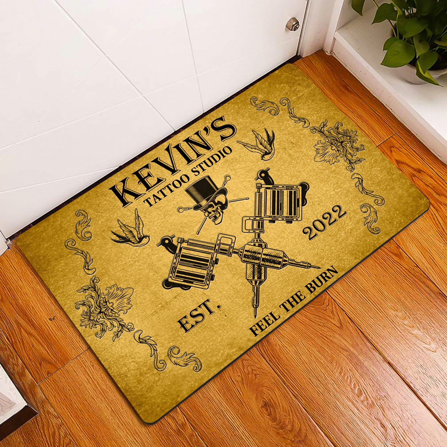 Vintage Kelvin Tattoo Studio EST 2020 Feel The Burn, Custom Tattoo Parlor Name & Year Doormat