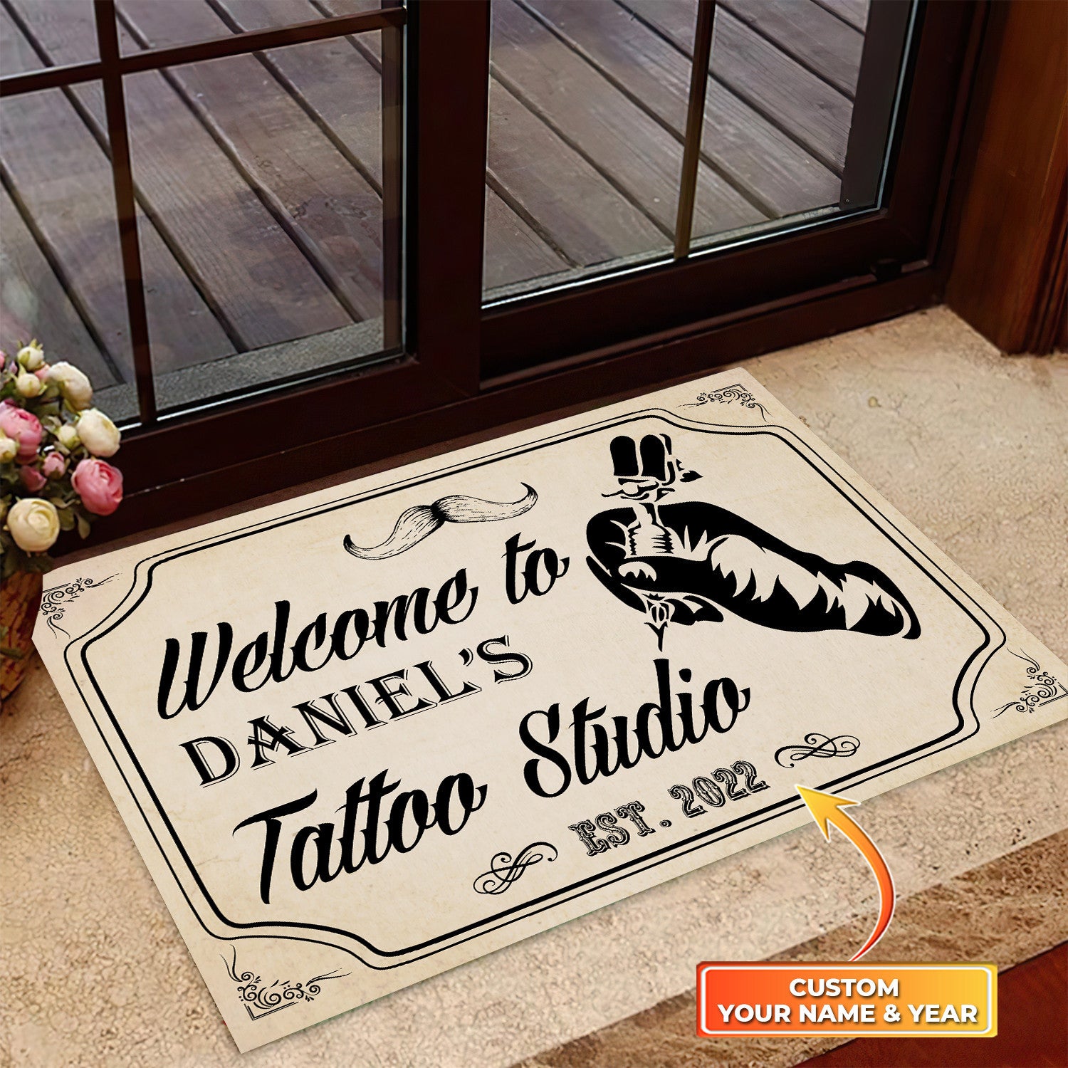 Tattoo Machine Personalized Doormat Text Name Custom