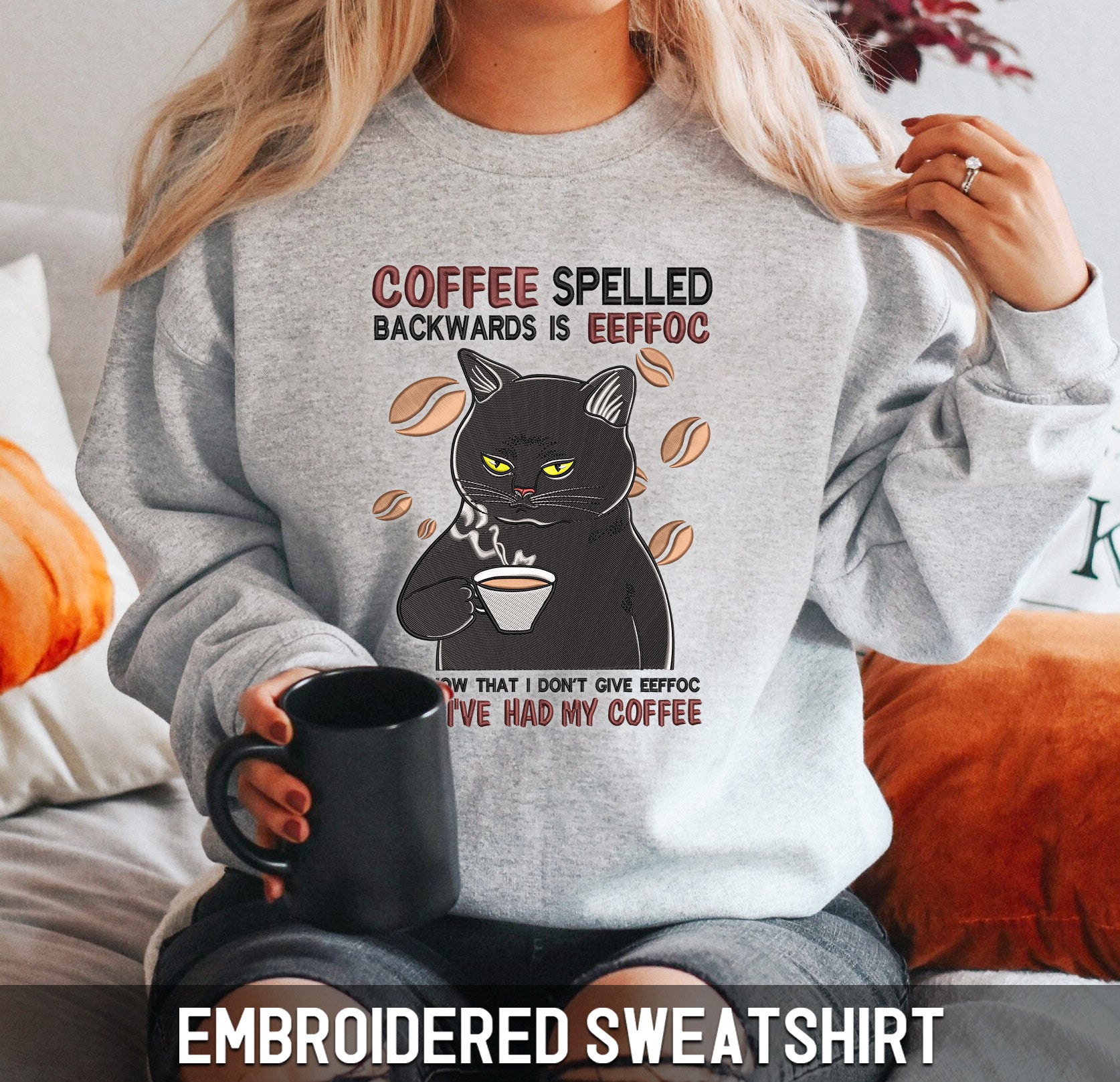 Embroidered Sweatshirt - Coffee Eeffoc Cat