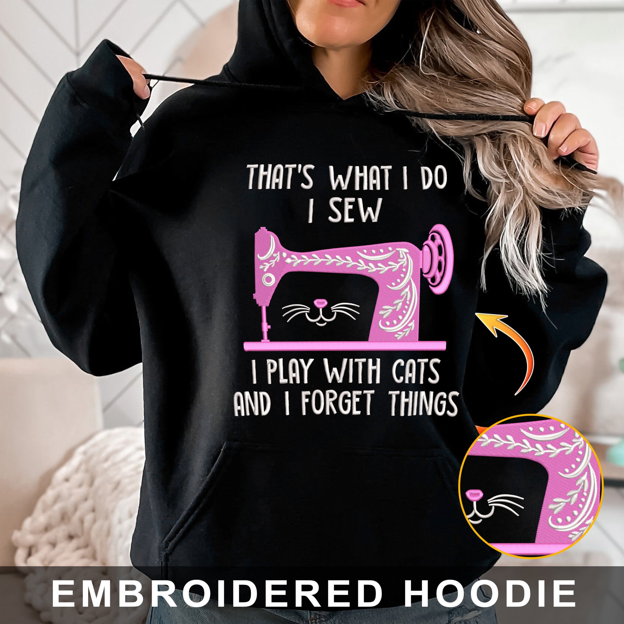 Love Cat And Sew Embroidered Hoodie, Sweatshirt
