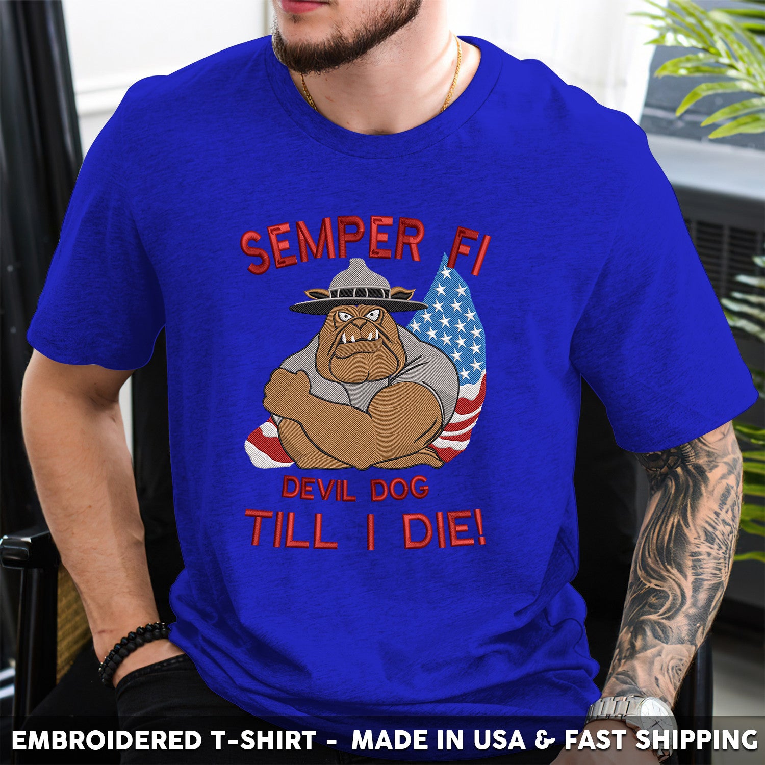 Embroidered T-Shirt - Semper Fi Devil Dog Till I Die