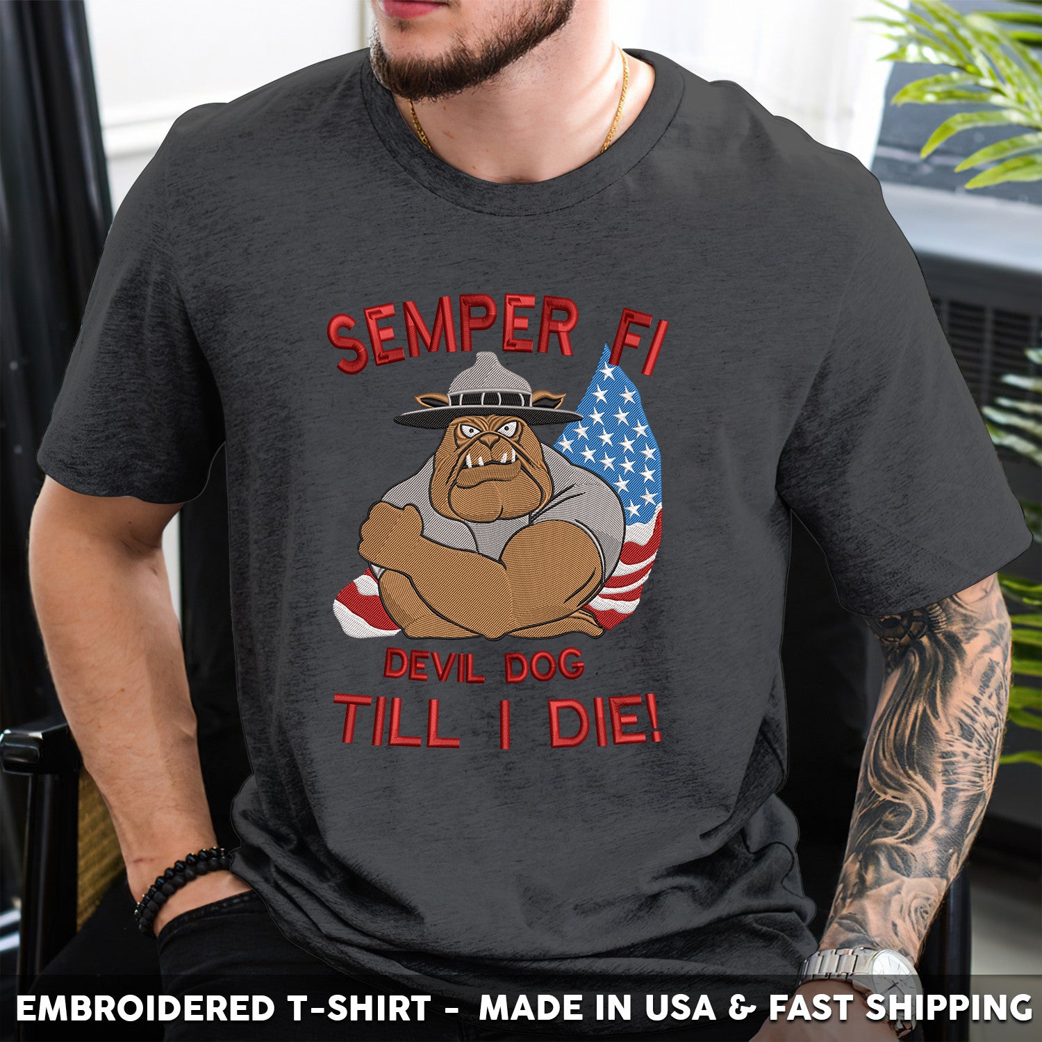 Embroidered T-Shirt - Semper Fi Devil Dog Till I Die