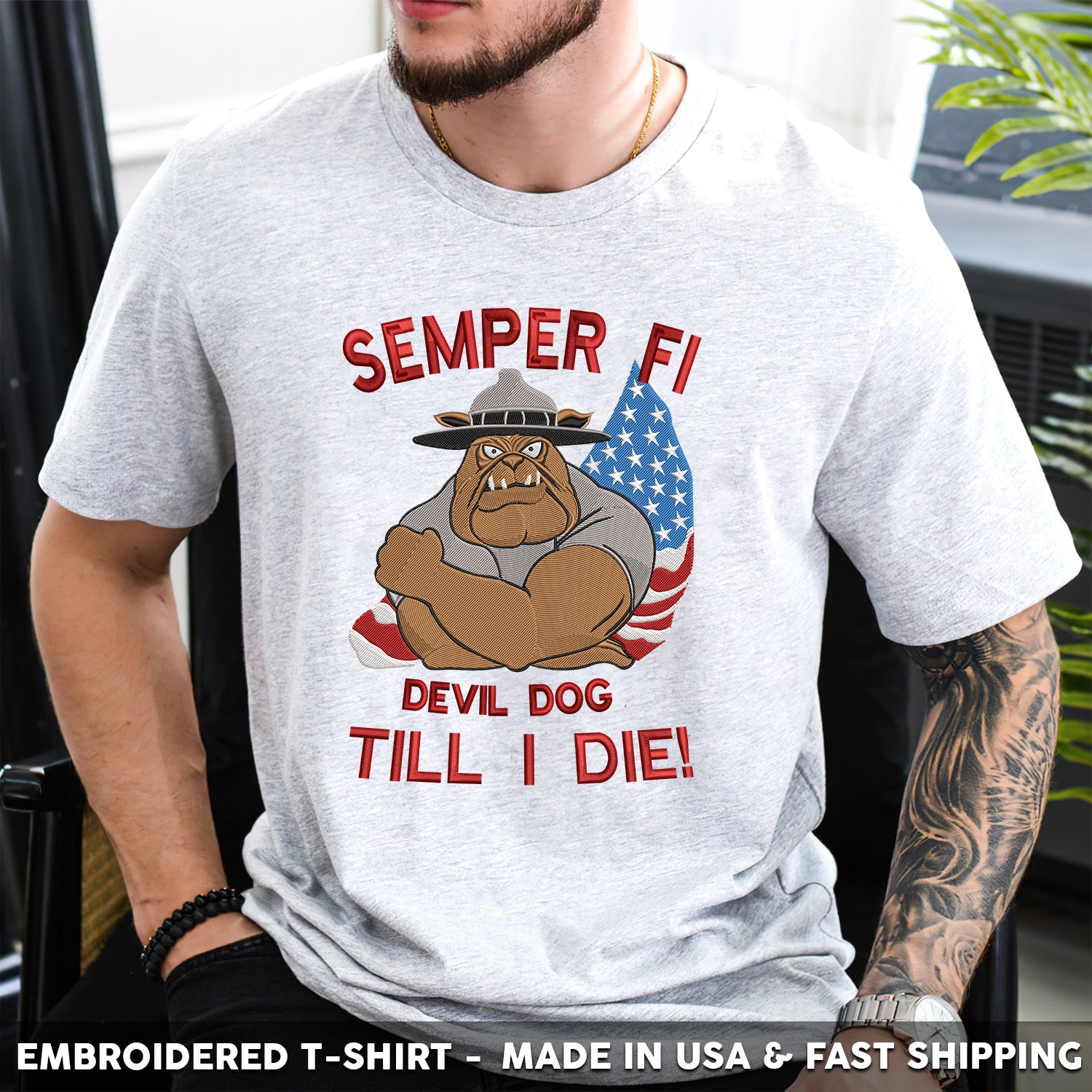 Embroidered T-Shirt - Semper Fi Devil Dog Till I Die