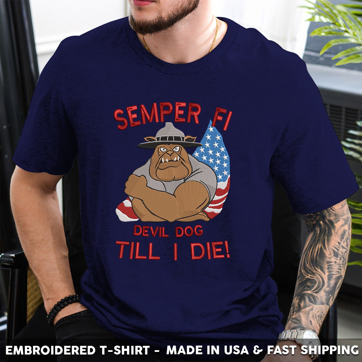 Embroidered T-Shirt - Semper Fi Devil Dog Till I Die