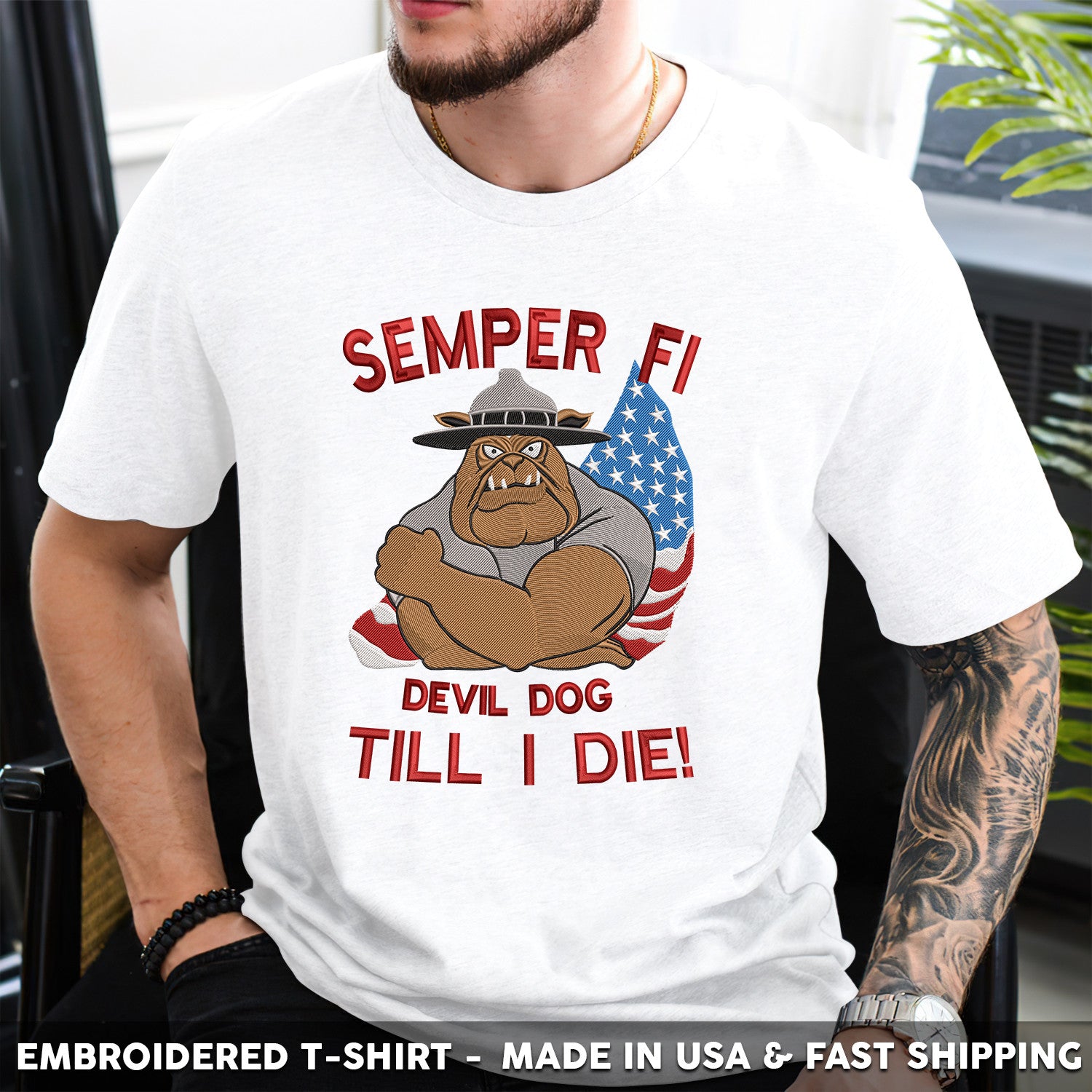 Embroidered T-Shirt - Semper Fi Devil Dog Till I Die