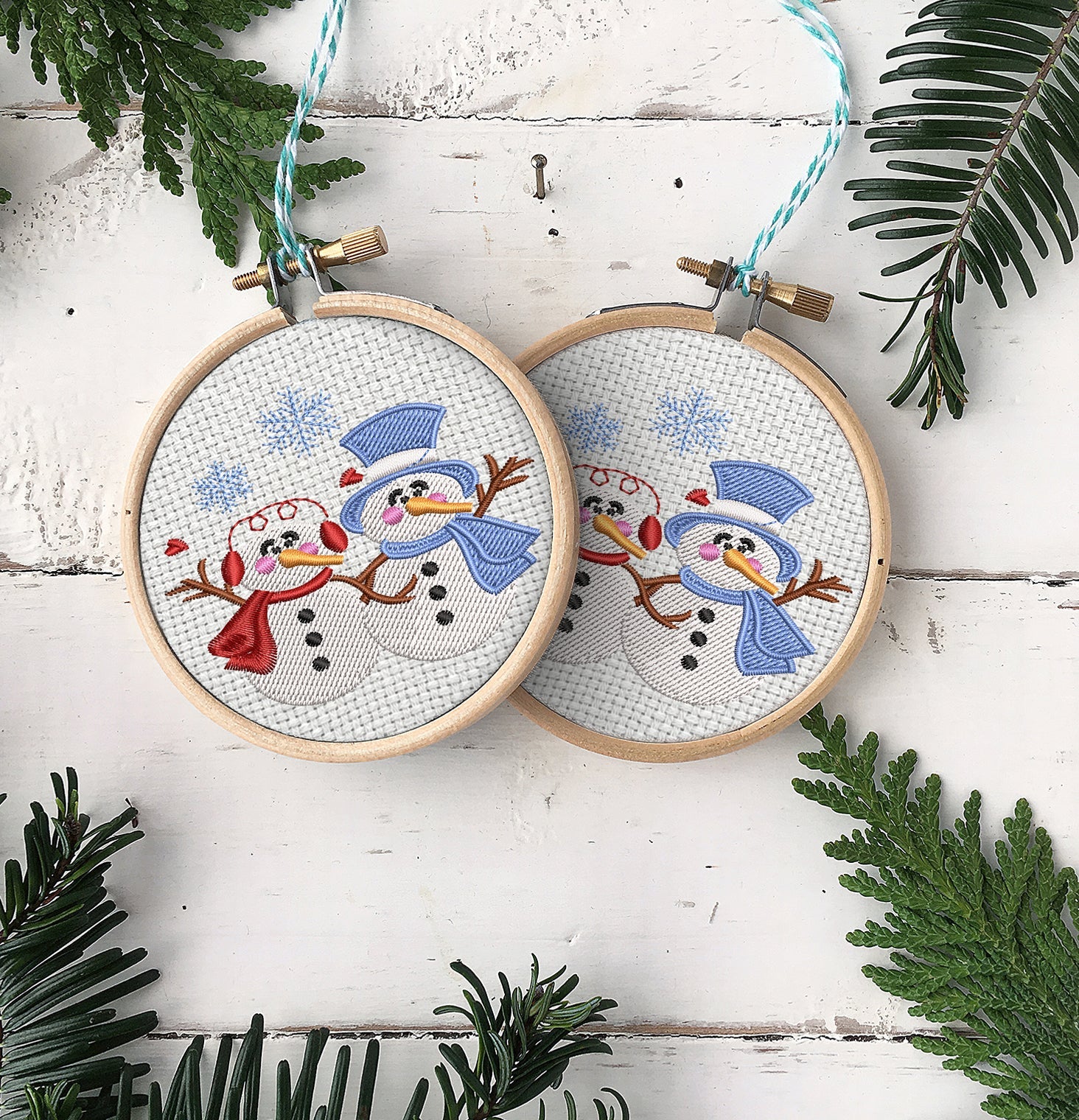 Snowman And Snowwoman Embroidered Christmas Ornaments