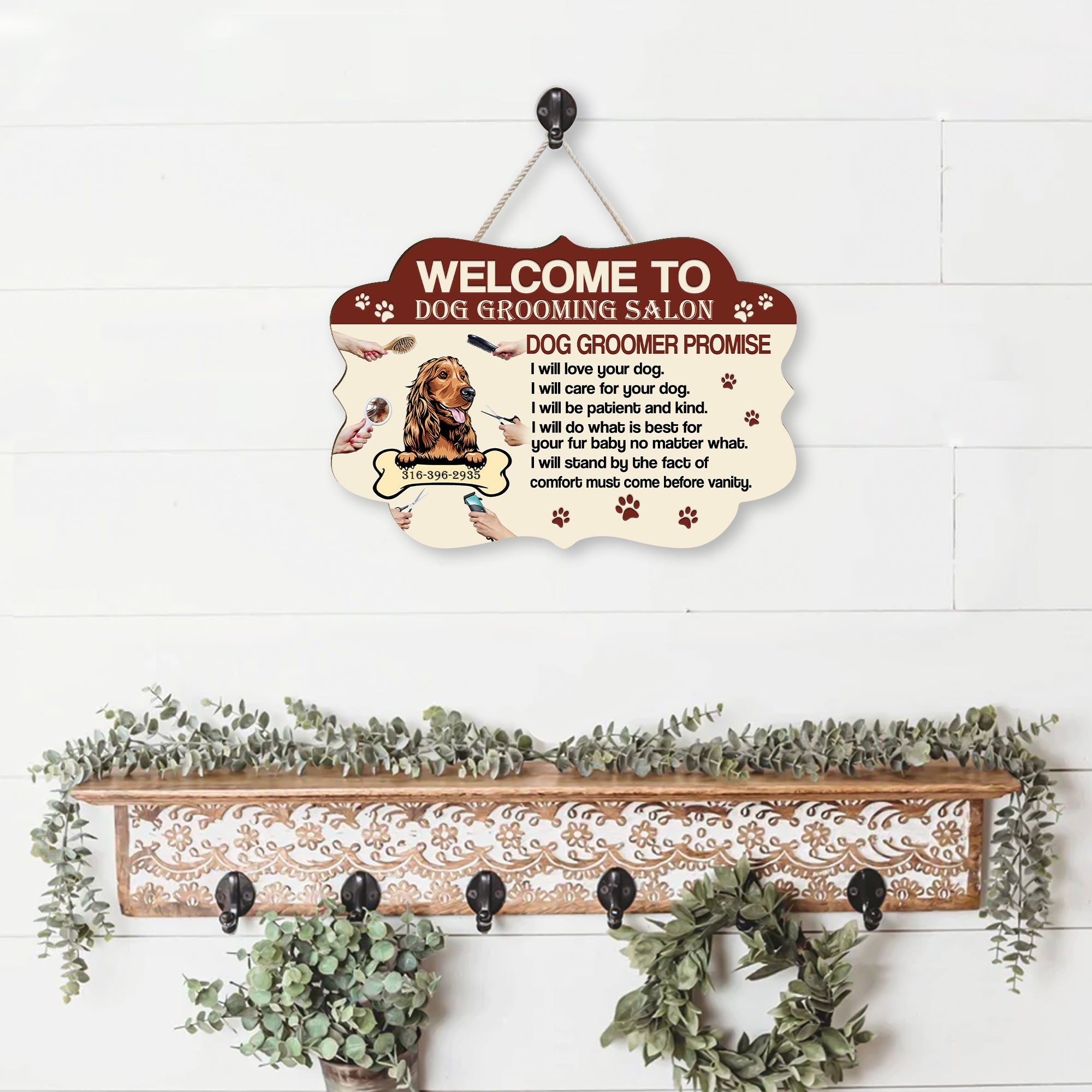 CUSTOM SHAPED WOODEN SIGN – WELCOME TO DOG GROOMING SALON WOODEN SIGN