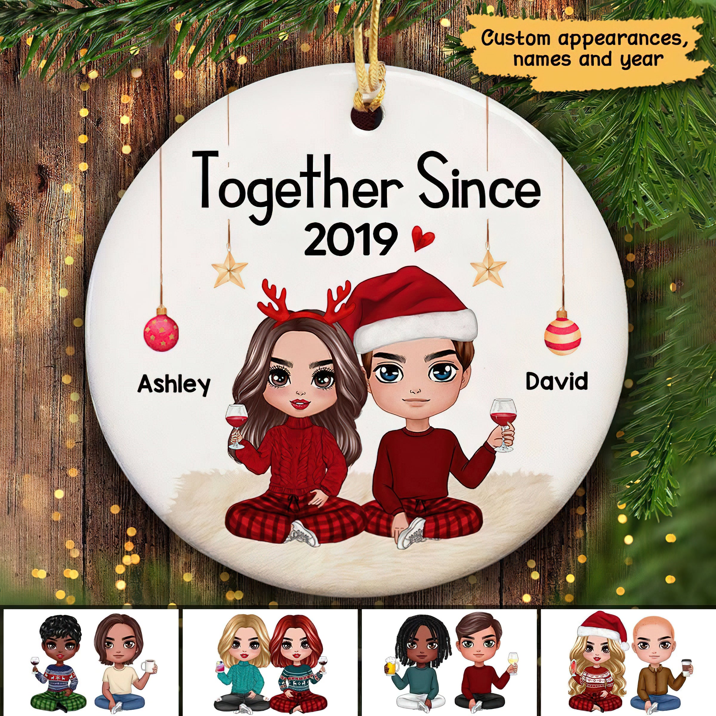 Doll Couple Sitting Christmas Gift For Him For Her Personalized Circle Ornament