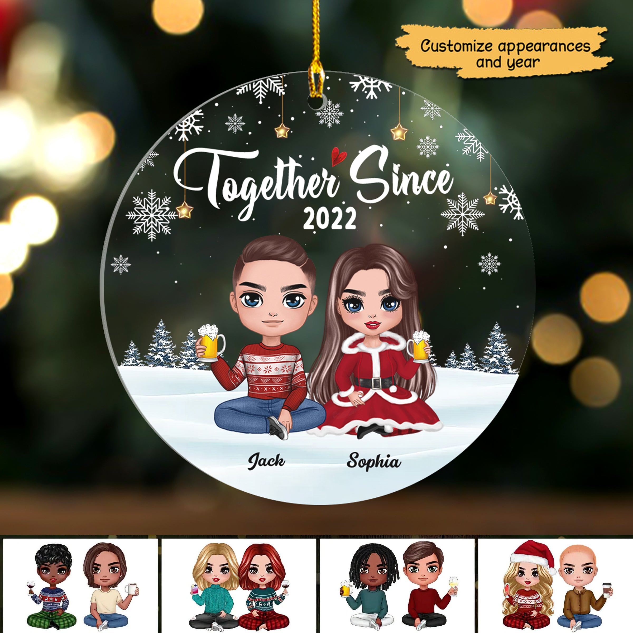 Doll Couple Sitting Christmas Gift For Him For Her Personalized Clear Circle Ornament