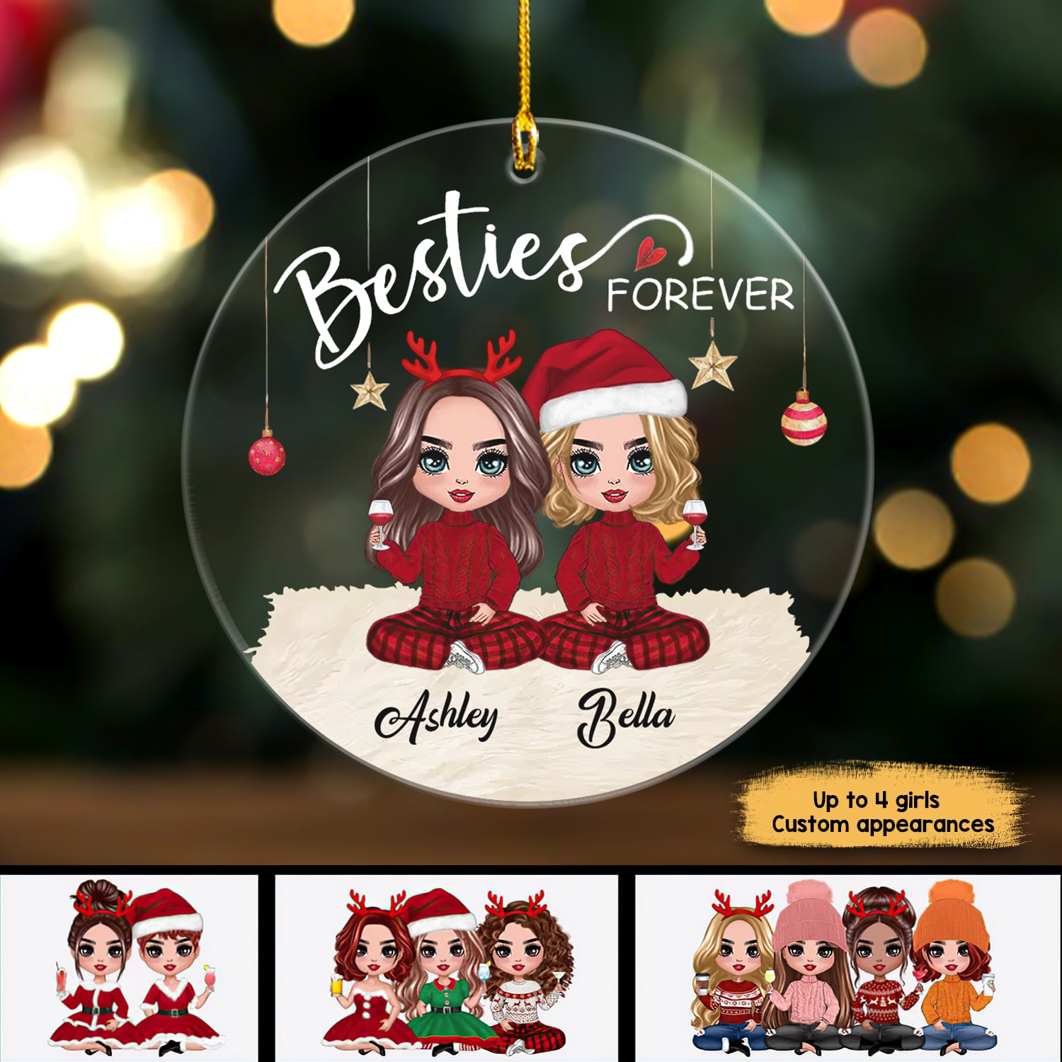 Doll Besties Christmas Checkered Pants Personalized Clear Circle Ornament