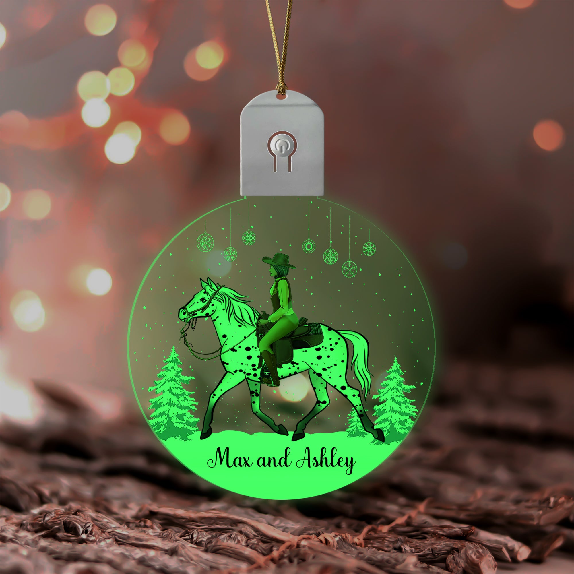 Girl Riding Horse In Snow Personalized Circle Led Ornament