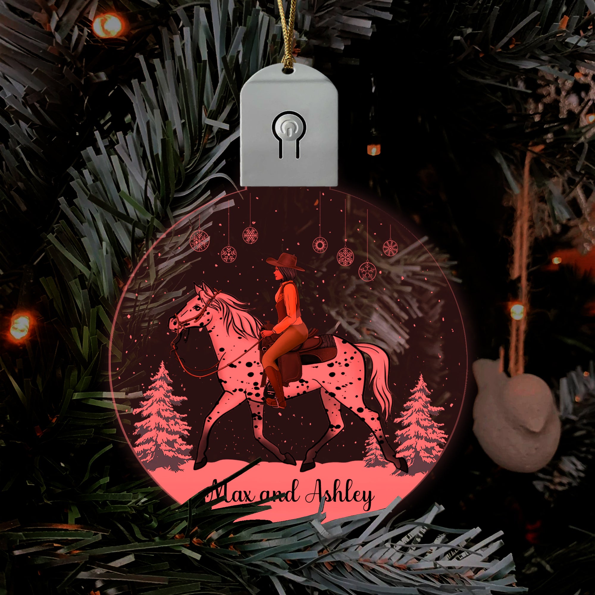 Girl Riding Horse In Snow Personalized Circle Led Ornament