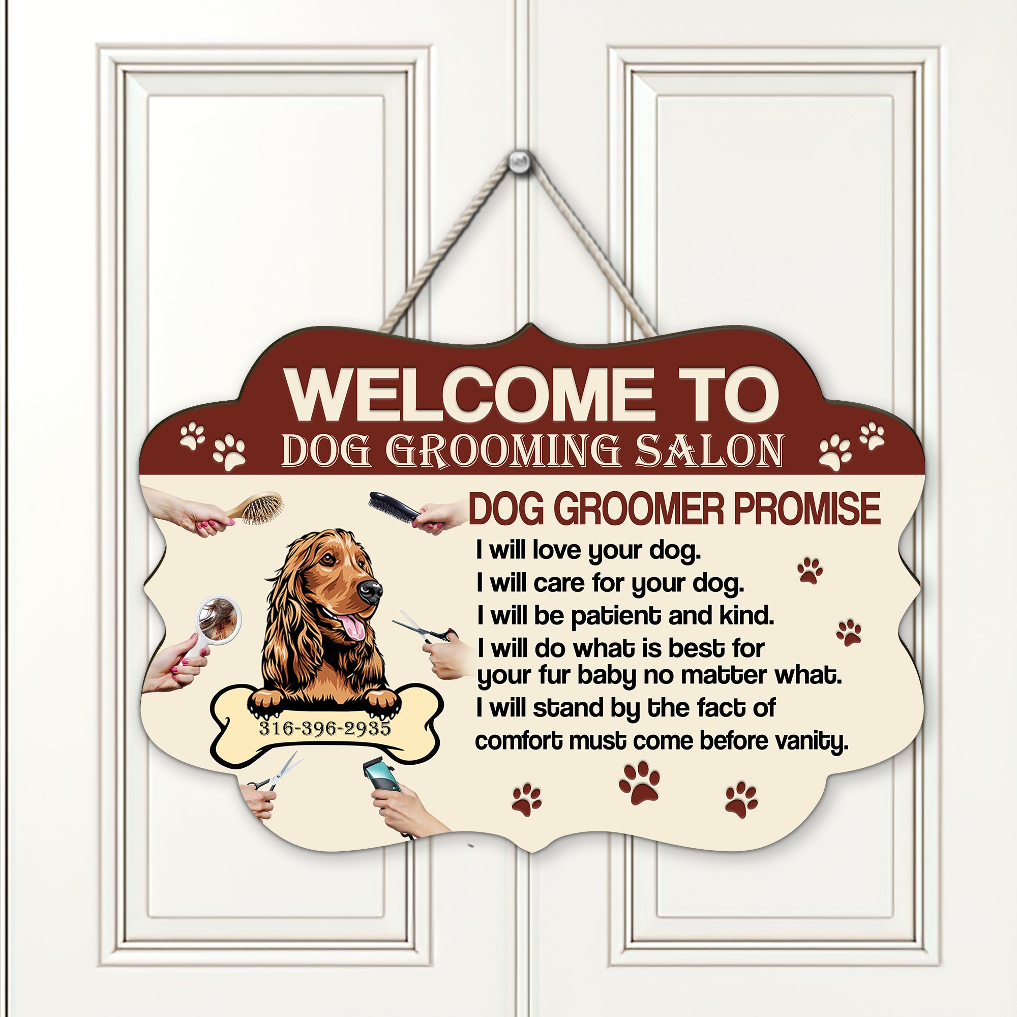 CUSTOM SHAPED WOODEN SIGN – WELCOME TO DOG GROOMING SALON WOODEN SIGN