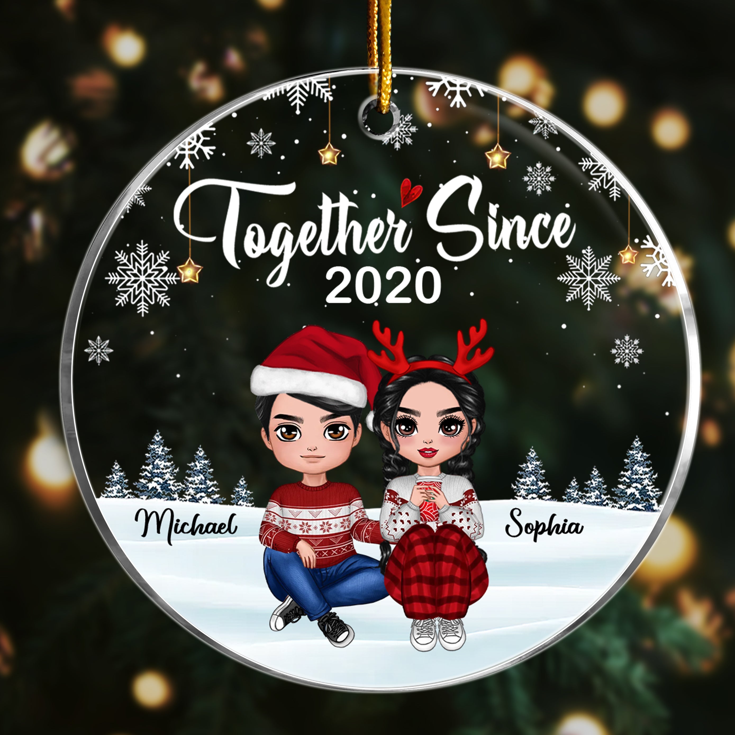 Doll Couple Sitting Christmas Gift For Him For Her Personalized Clear Circle Ornament 2