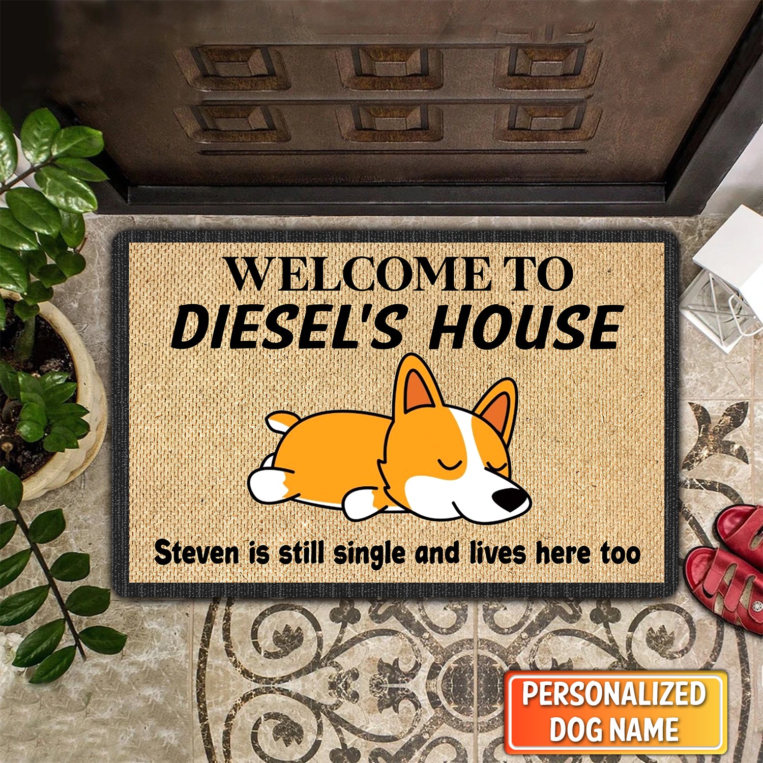 An adorable doormat for singles and dog lovers Personalized Name Doomat 910