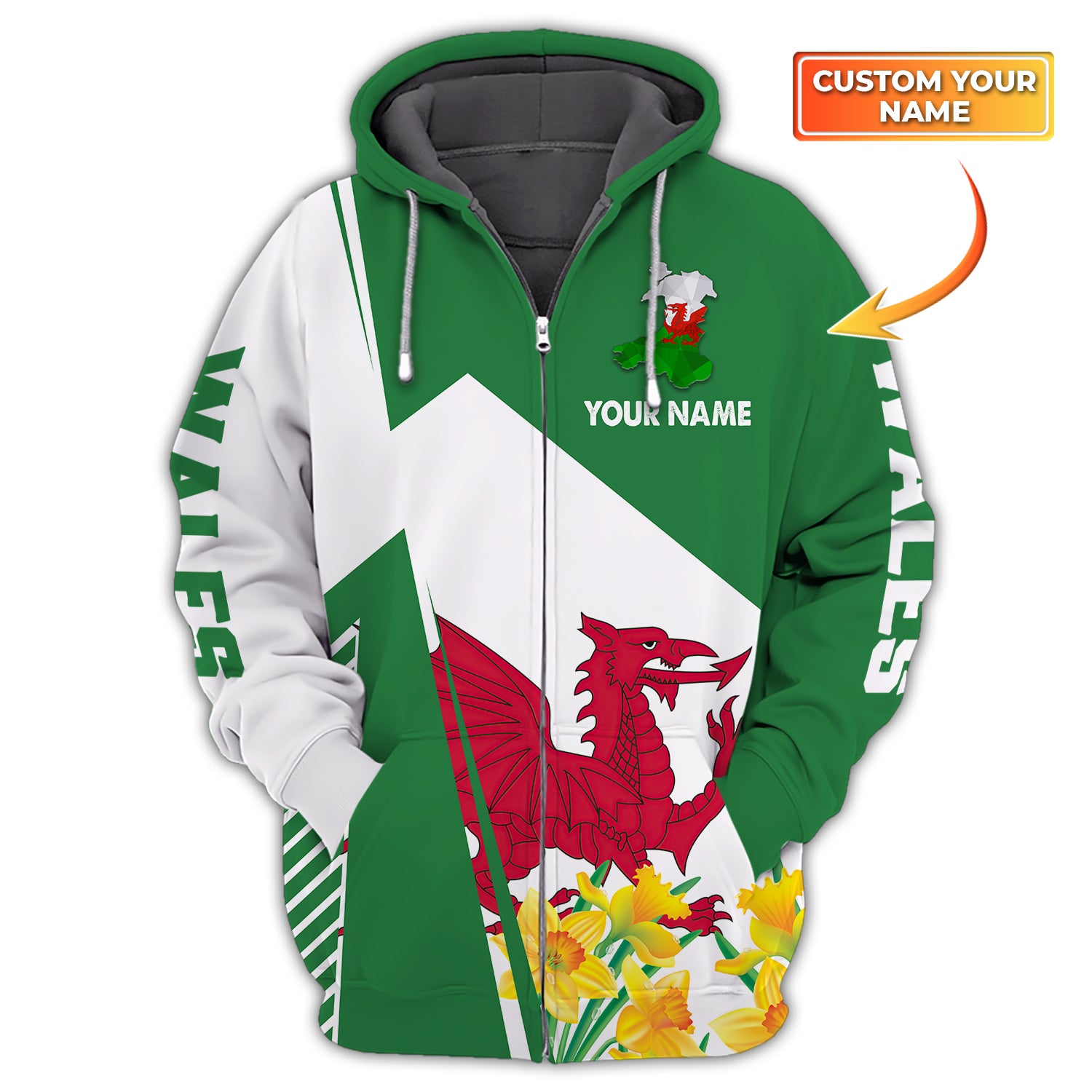 Wales - Cymru - Personalized Name 3D Zipper Hoodie - 889