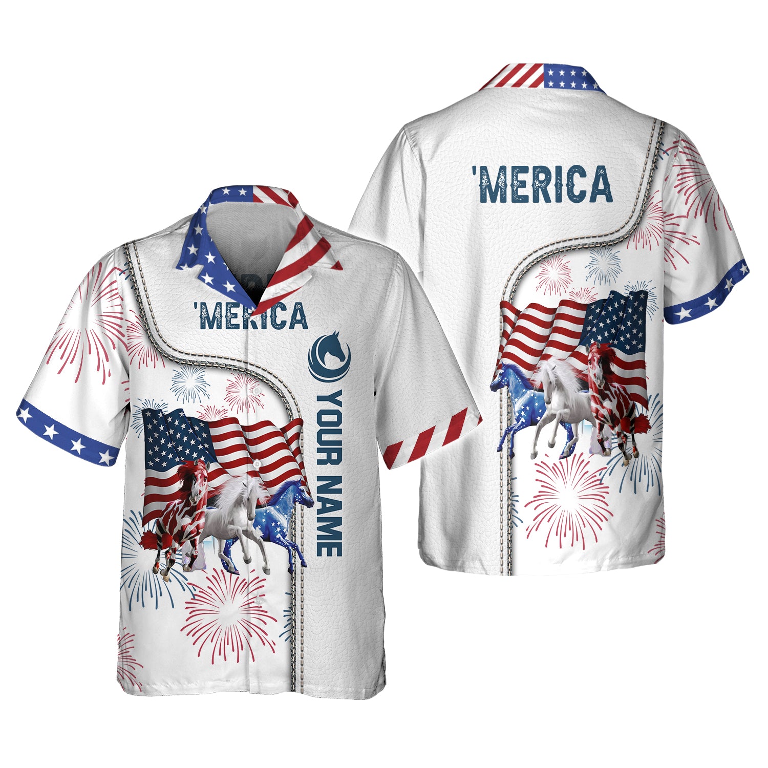 'Merica, Horse, Personalized Name 3D Hawaiian Shirt -Hdmt