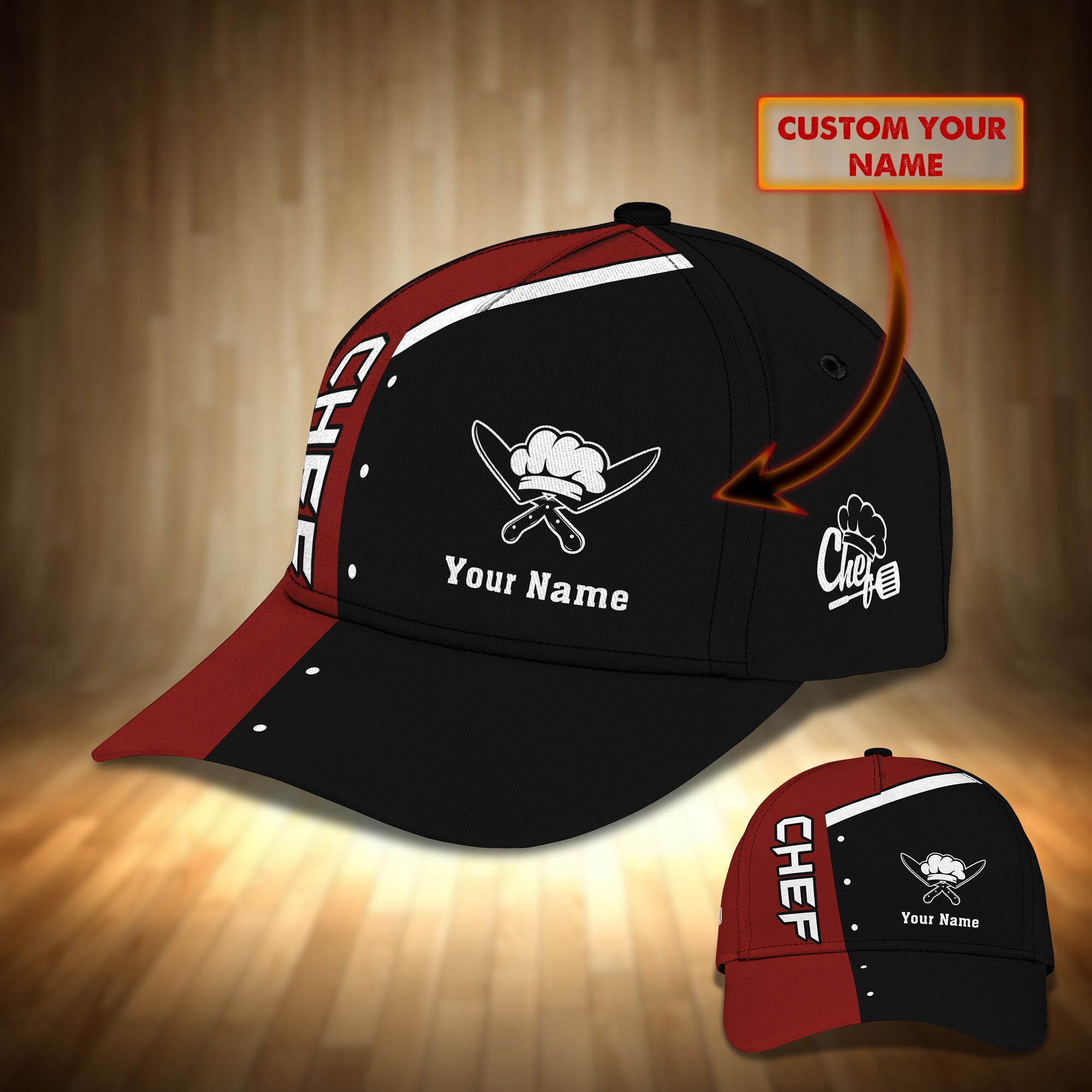 Chef Cook Personalized Name Cap 18 RinC98 Black & Red