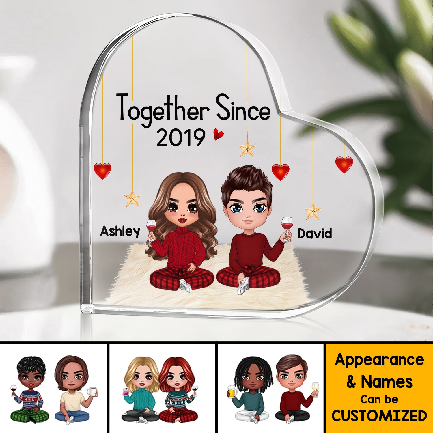 Doll Couple Sitting Gift For Him For Her Personalized Custom Heart Shaped Acrylic Plaque