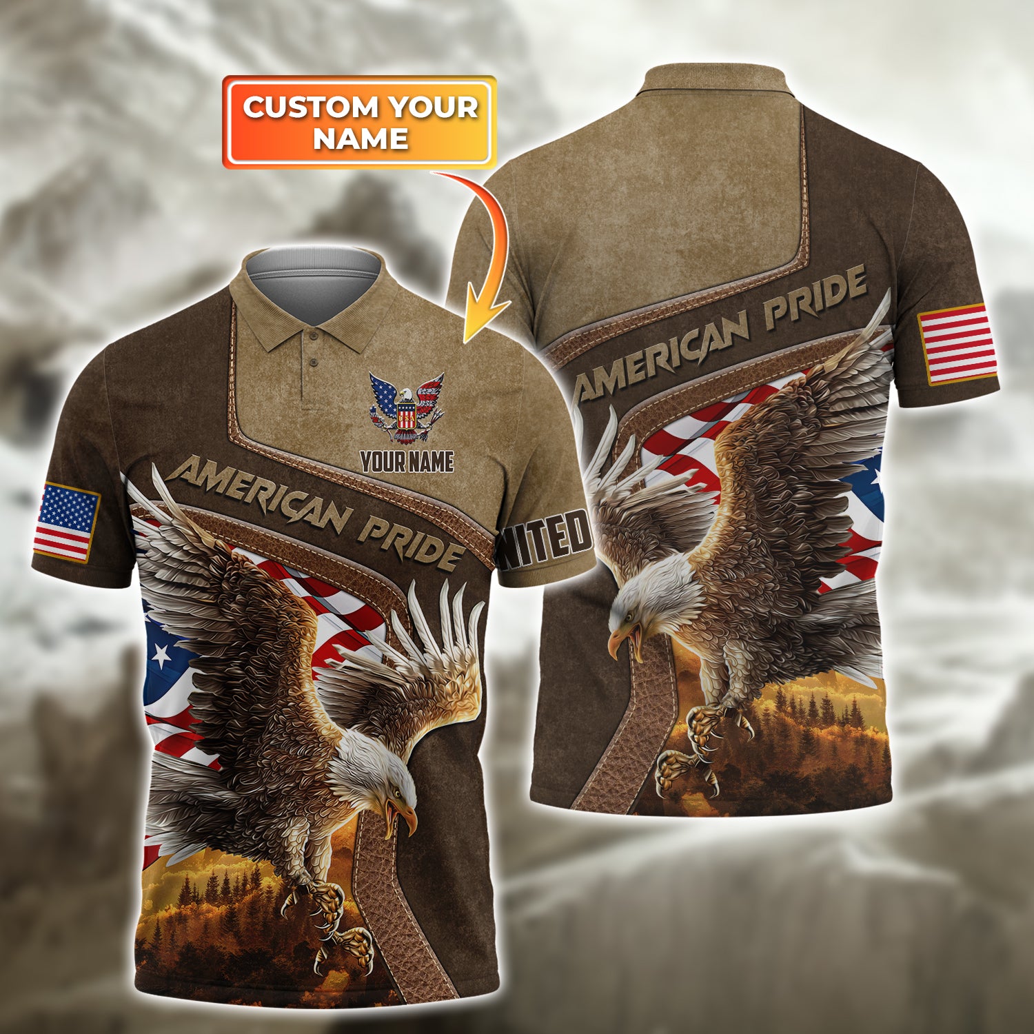 American Pride, Eagle,  Personalized Name 3D Polo Shirt 11, NBTT