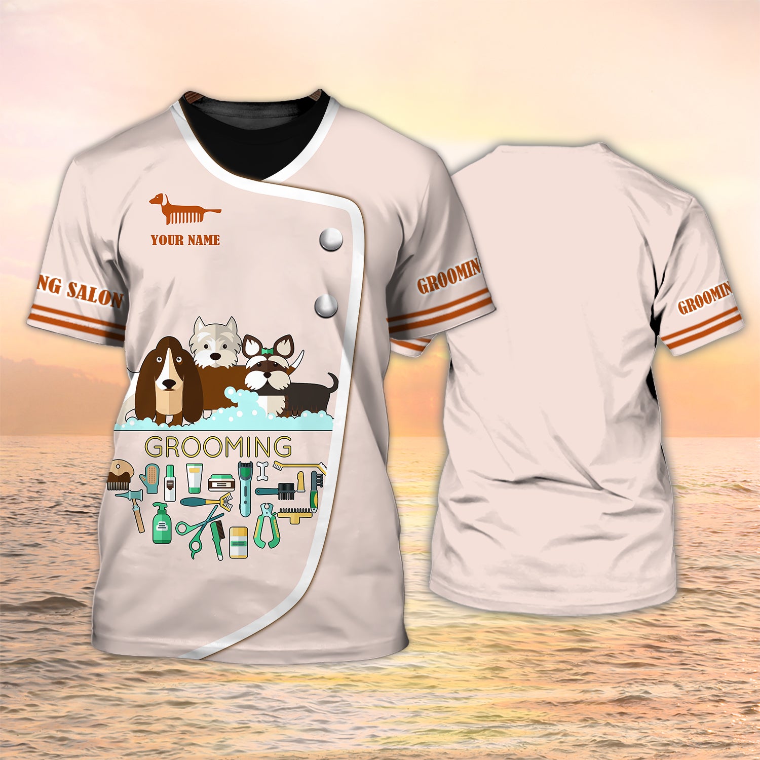 Grooming Salon Personalized Name 3D Tshirt 07 Dog Groomer Uniform Nbtt