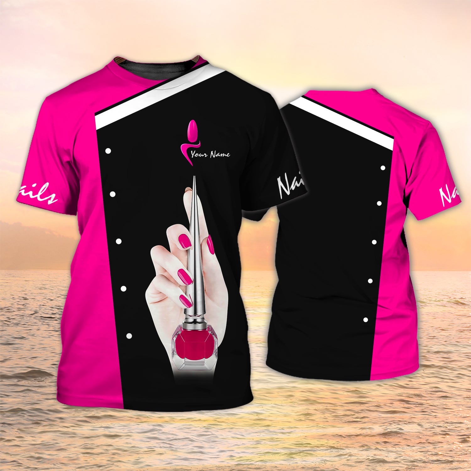 Nail Tech Custom Tshirt Nail Salon Uniform Black Pink [Non Workwear]