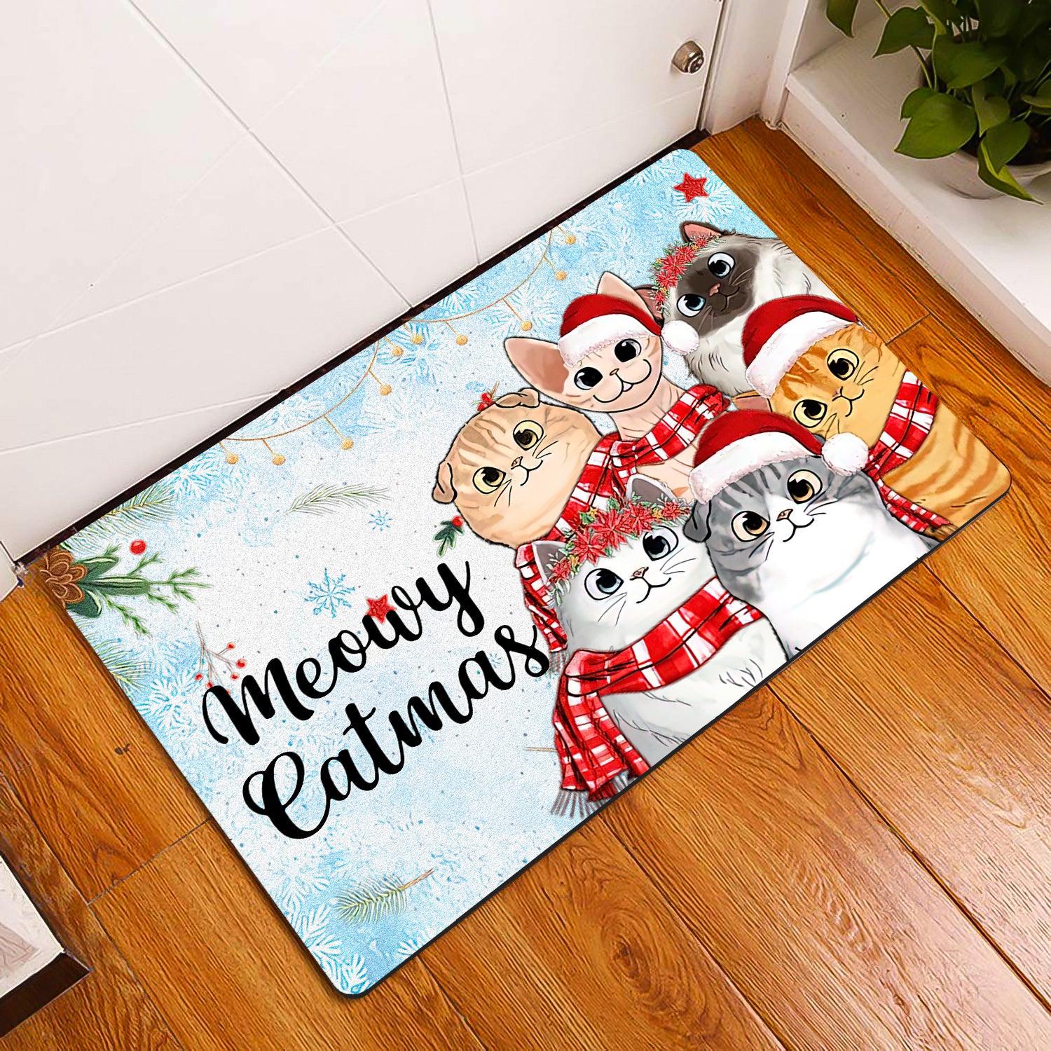 Meowy Catmas Cute Peeking Fluffy Cat Christmas Personalized Doormat